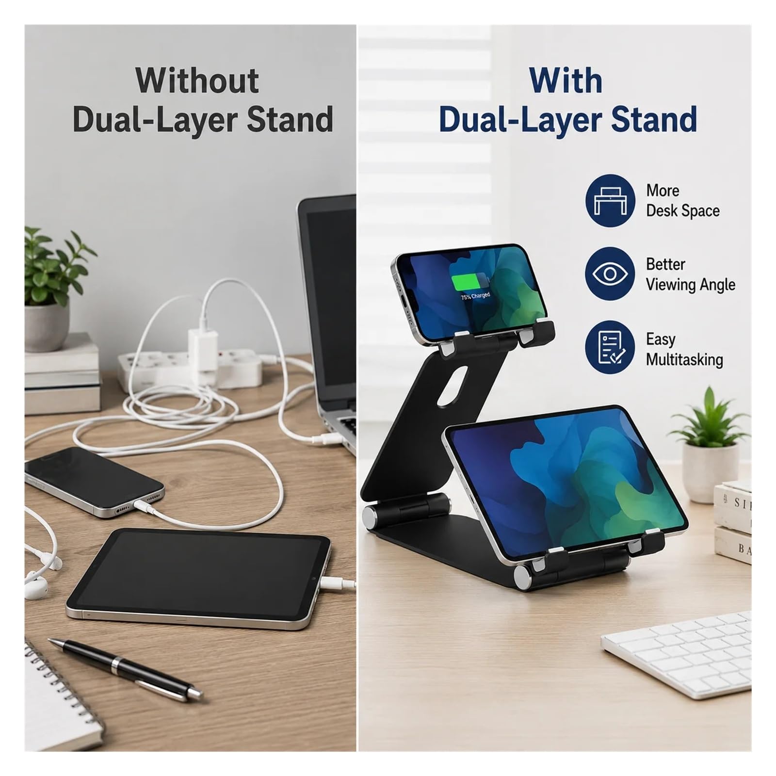 Supporto for telefono pieghevole in alluminio a doppio strato 2 in 1 | Scrivania, casa, ufficio, videochiamate, supporto tablet, supporto pieghevole