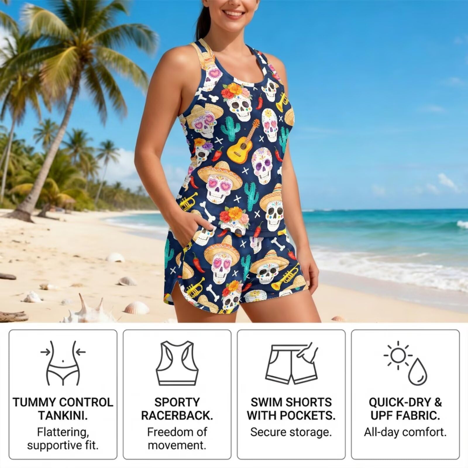 Xoenoiee Damskie zestawy tankini kontrola brzucha bluzka z dekoltem w kształcie litery U topy i kieszenie szorty kąpielowe, 2-częściowy strój kąpielowy S-6XL, Cukrowe czaszki Cinco De Mayo, 6XL