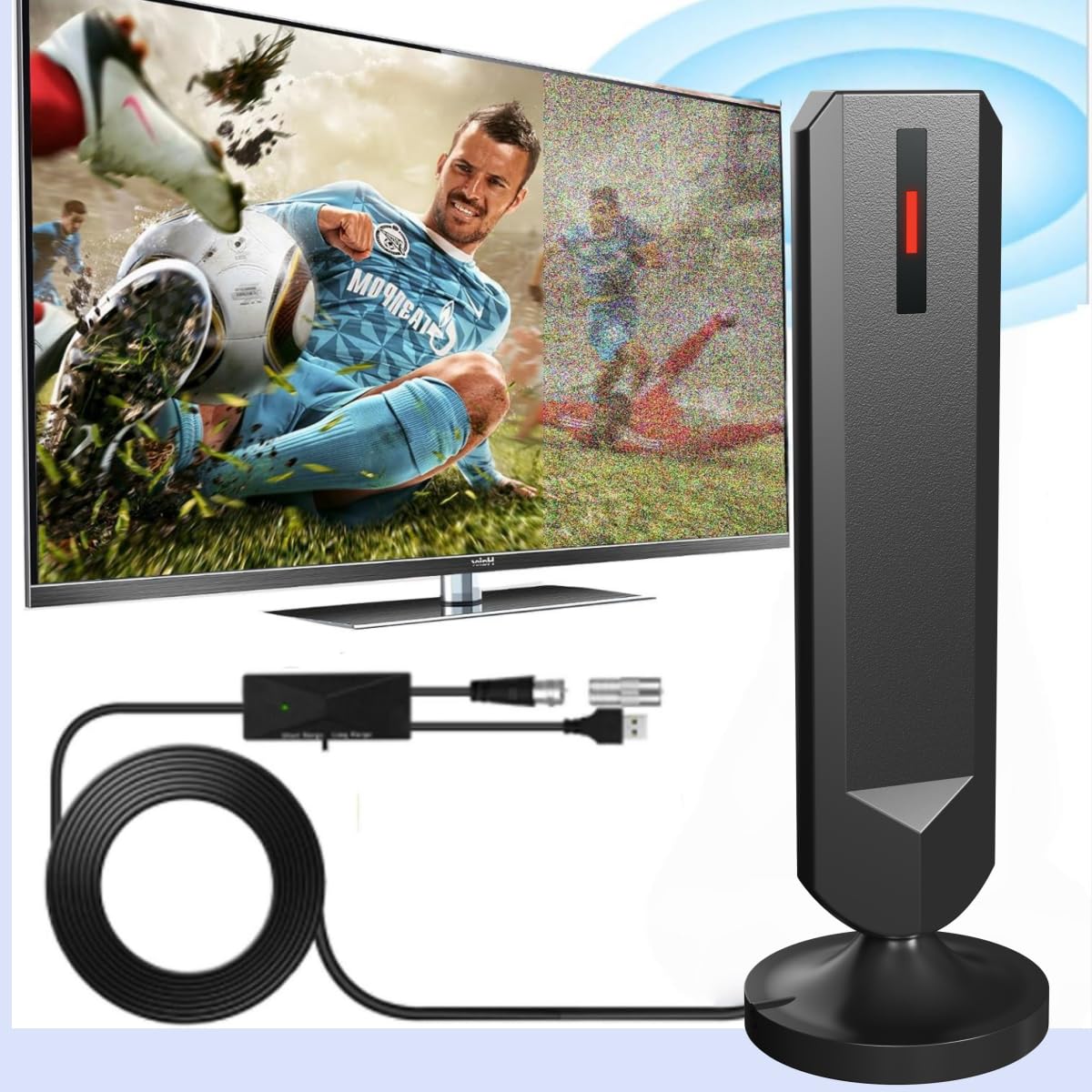Antenne TV pour Smart TV d'intérieur, antenne TV numérique 2025 avec base bâton, réception à 360° et longue portée antenne HDTV 4K pour chaînes locales, antennes d'installation facile pour téléviseurs