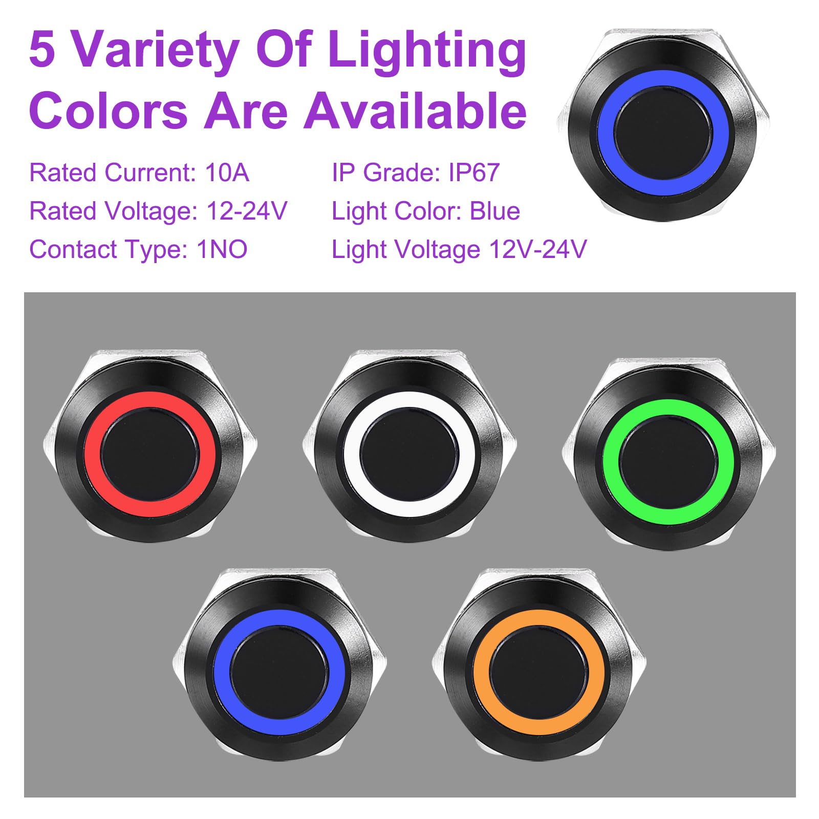 DMiotech 1 Pcs 16mm / 5/8" Stainless Steel Latching Push Button Switch 1NO 10A 12-24V Silver Button Blue Ring Lamp with Socket Plug with Wire for Car Boat Systems Custom Setups - Image 3