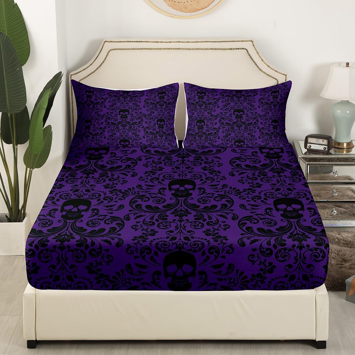 Damask Gothic Bed Sheets Adults Antique Victorian Fitted Sheet,Purple Black Sugar Skull Sheets Queen Size Bed Set Vintage Baroque Floral Goth Bedding Set,Exotic Bone Skeleton Bohemian Decor