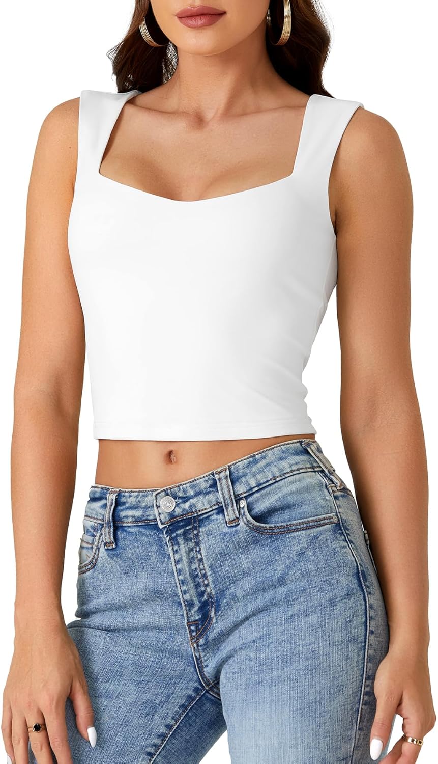 LYANER Women's Summer Crop Tops Square Neck Sleeveless Tank Top Sexy Cami Shirts White Medium - Image 3