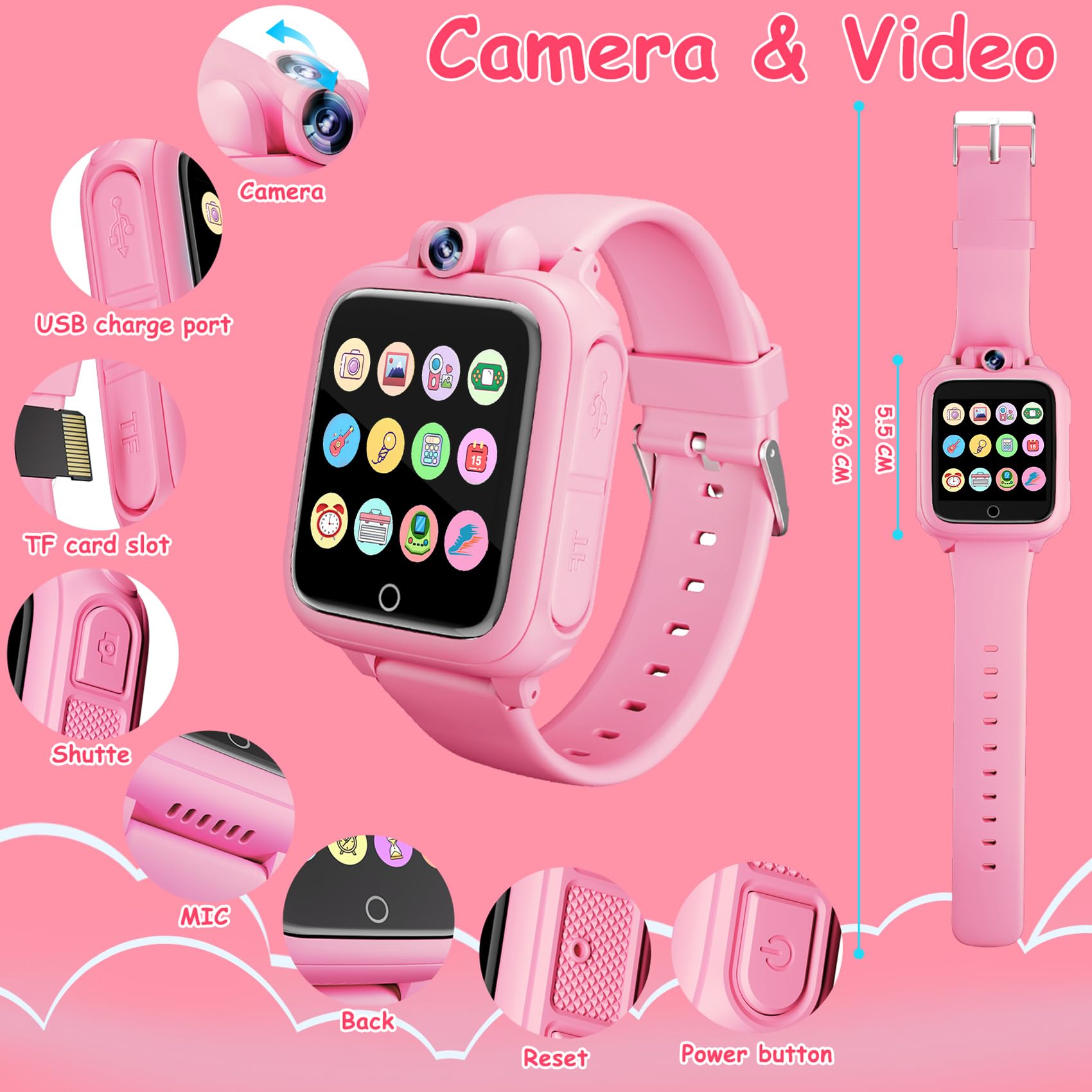 Diswoe Reloj Inteligente Niños, Smartwatch Niña 3 4 5 6 7 8 9 10 11 12 años, Regalo Niña con 14 Juegos, Cámara Giratoria de 90°, Despertador y HD Pantalla Táctil, Regalos para Niños y Niñas