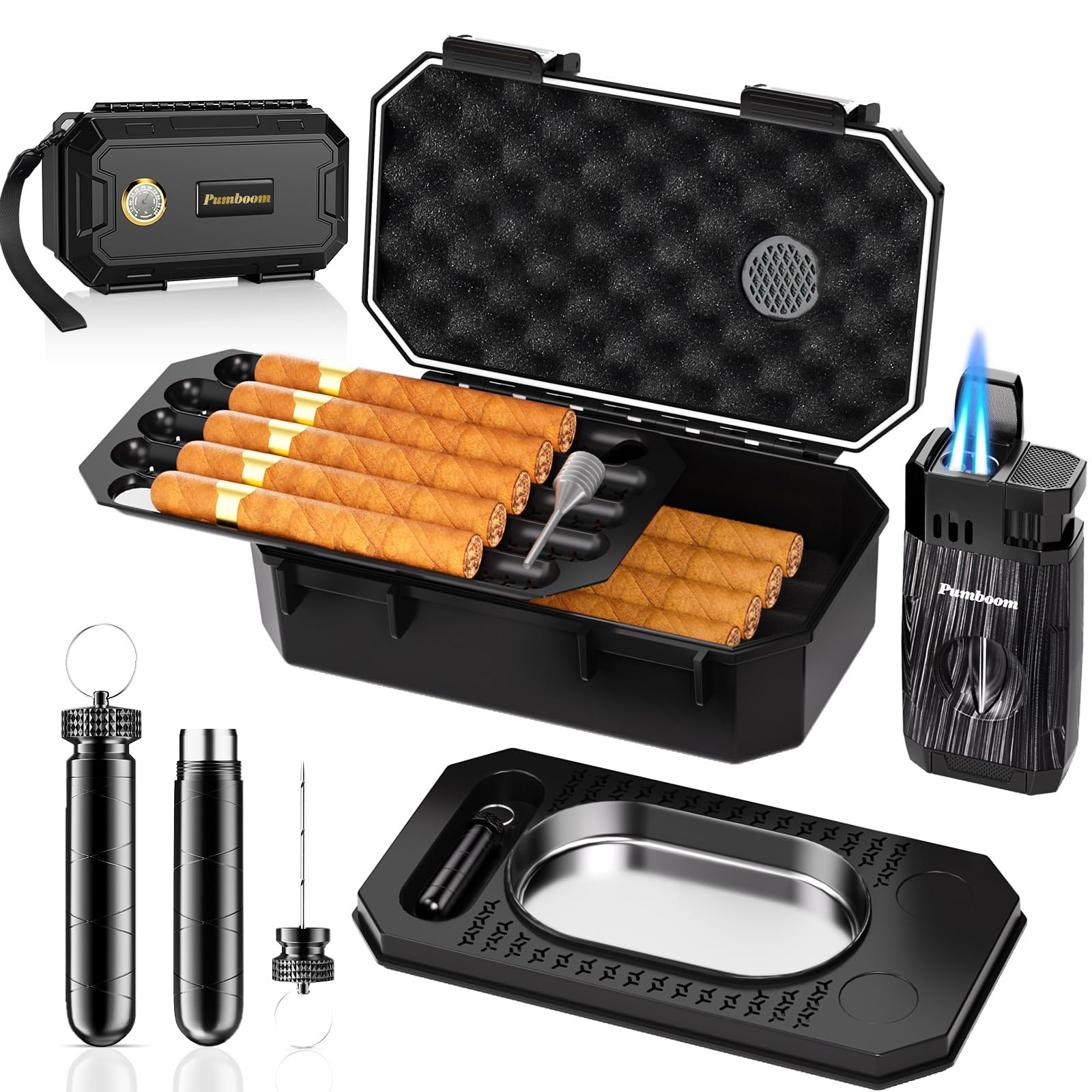 Travel Cigar Case with Cigar Lighter, V Cigar Cutter, Cigar Holder 3-in-1, Ashtray, 2-in-1 Punch & Draw Enhancer Tool, Humidifier, Hygrometer, Cigar Humidor Box with Accessories Set for Men Gift