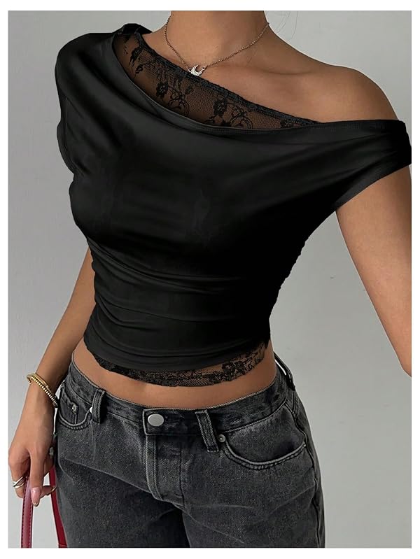 Verdusa Women's Lace Off The Shoulder Tops Going Out Ruched Y2K Crop Top by Verdusa - Used condition - Image 3
