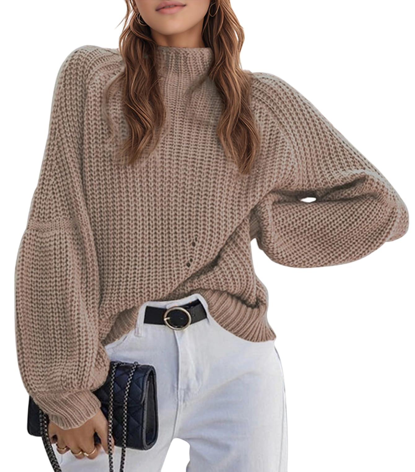 Womens High Neck Long Sleeve Chunky Knit Sweater Oversized Top for Warm Cold Weather Winter Cozy Clothing