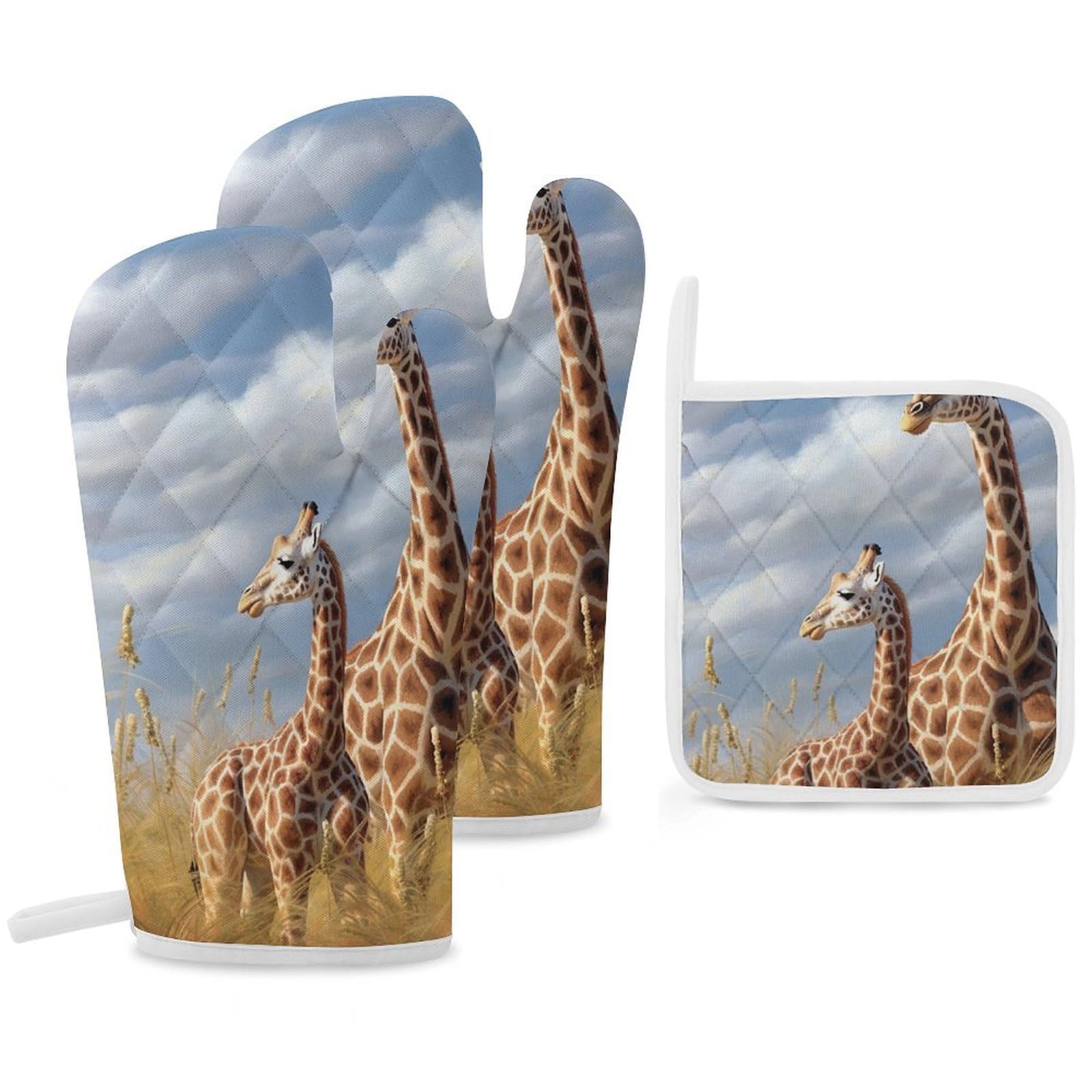 Oven Mitts And Pot Holders Sets of 3 Heat Resistant BBQ Gloves Giraffe on The Grassland Oven Mitts Gloves Non-Slip Kitchen Mittens Potholders for Cooking Baking Grilling BBQ Microwave