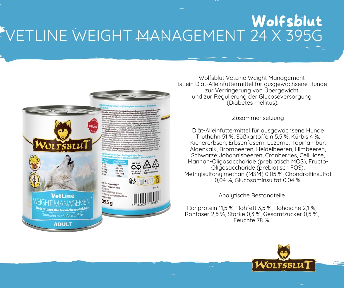 Wolfsblut Vetline Hundefutter - Weight Management, 24x395g - Sparbundel, Sparpaket - inklusive Warnicks Tierfutterservice Hundesnack Goodie