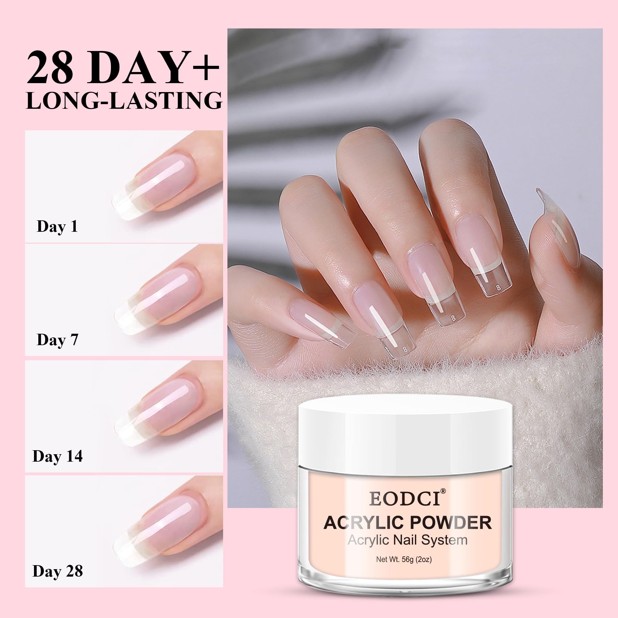 EODCI Set di unghie in acrilico, 2OZ, set di polveri acriliche professionali, 4 colori, trasparente, rosa nude, bianco, in polvere acrilica per unghie, set di unghie in acrilico, per l'estensione