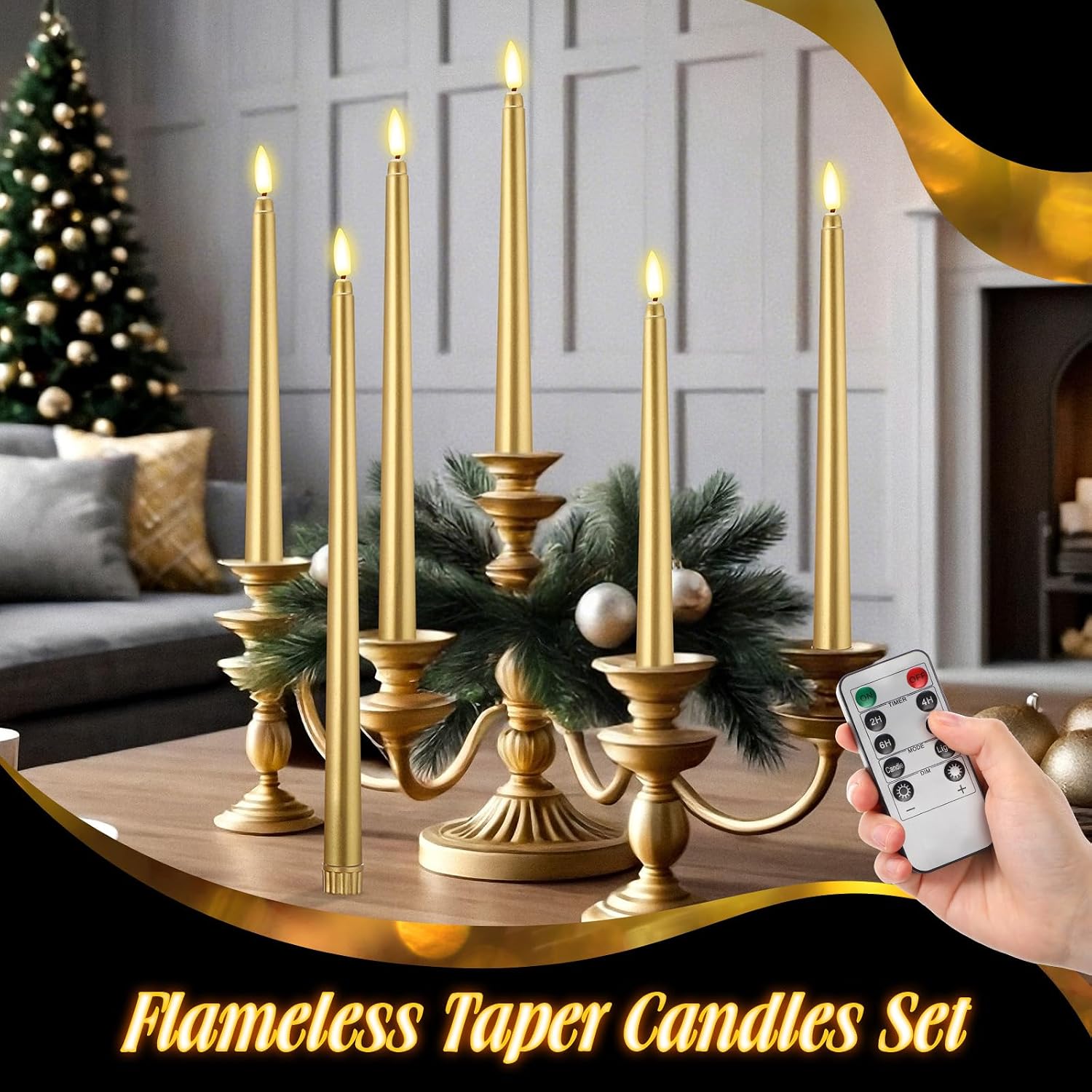 Rossesay 16 Pcs Gold Flameless Taper Candles Battery Operated Candles with Remote Timer 8.5" 9.6" 10.8" 12.8" Multiple Sizes Gold LED Flickering Candlestick for Wedding Centerpieces Party Decor