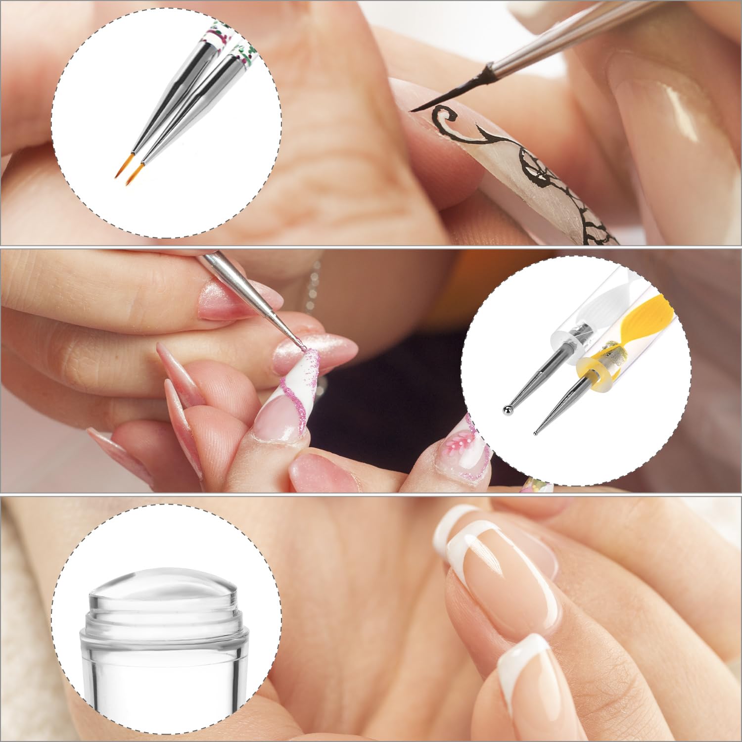 QWORK Juego de sellos para uñas con raspador, 3 pinceles, 5 rotuladores de doble cara