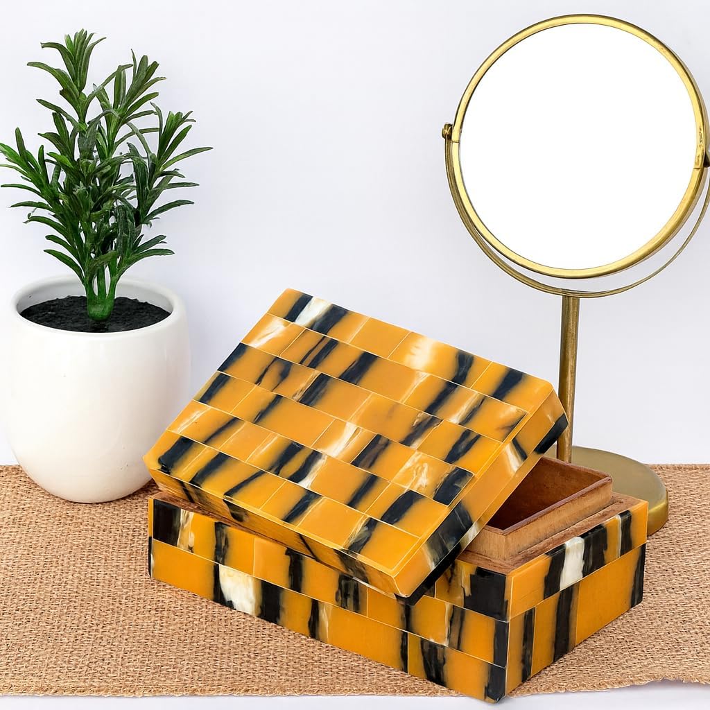 collectiblesBuy Handmade Mosaic Inlay Jewelry Box Black Yellow Bone Resin Organizer Decorative Keepsake Storage Box for Women Dresser Vanity Home Décor Gift