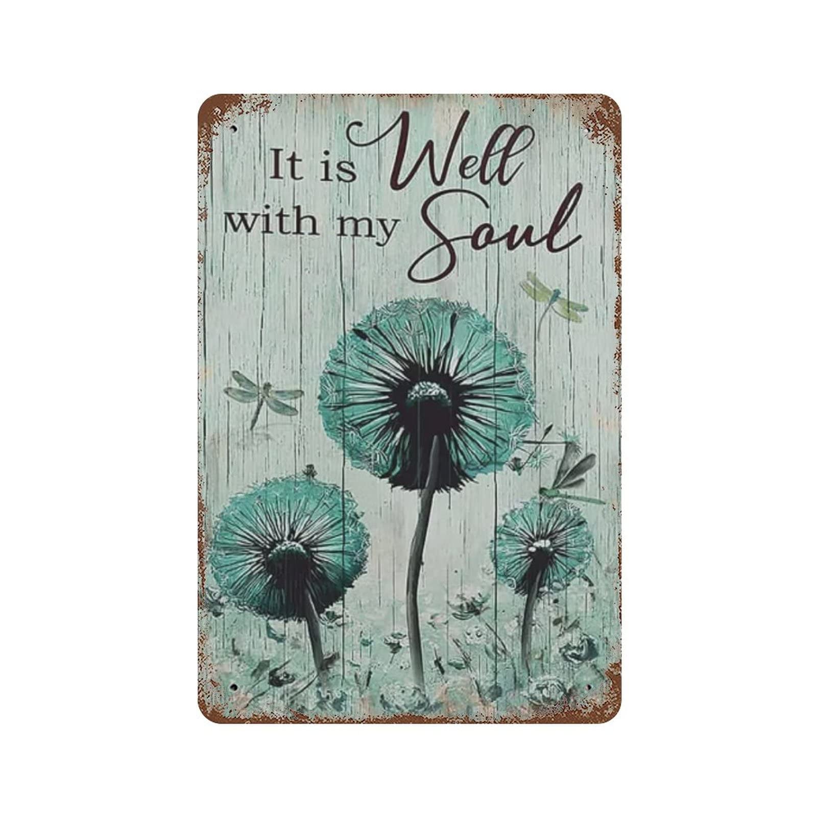 Teal Dandelion Dragonfly Vintage Metal Tin Sign Farmhouse Living Room Bedroom Wall Decor 8x12 Inch