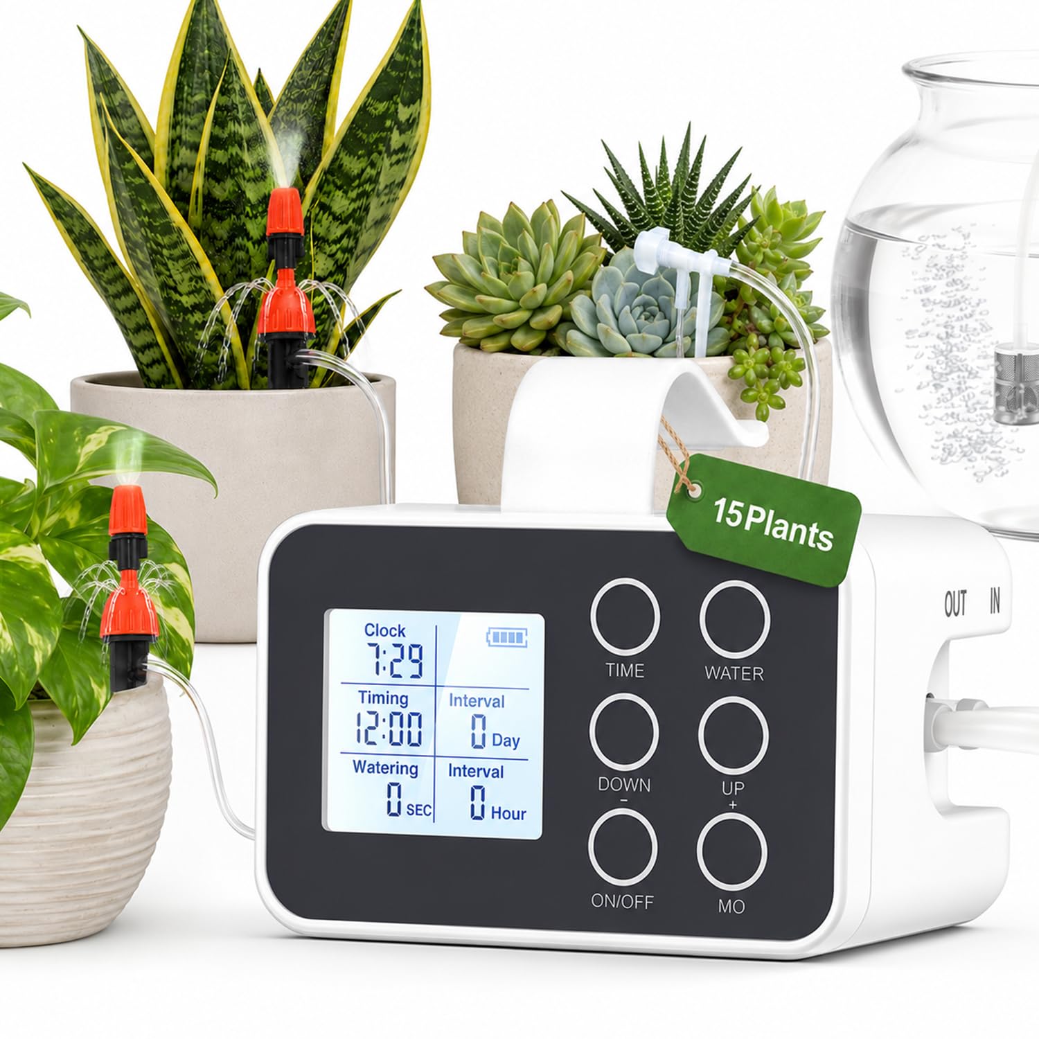 BAOSHISHAN Regador automático de plantas para interiores con emisor de pulverización y goteo 2 en 1 mejorado, dispositivo de riego de plantas de vacaciones con temporizador programable, sistema de