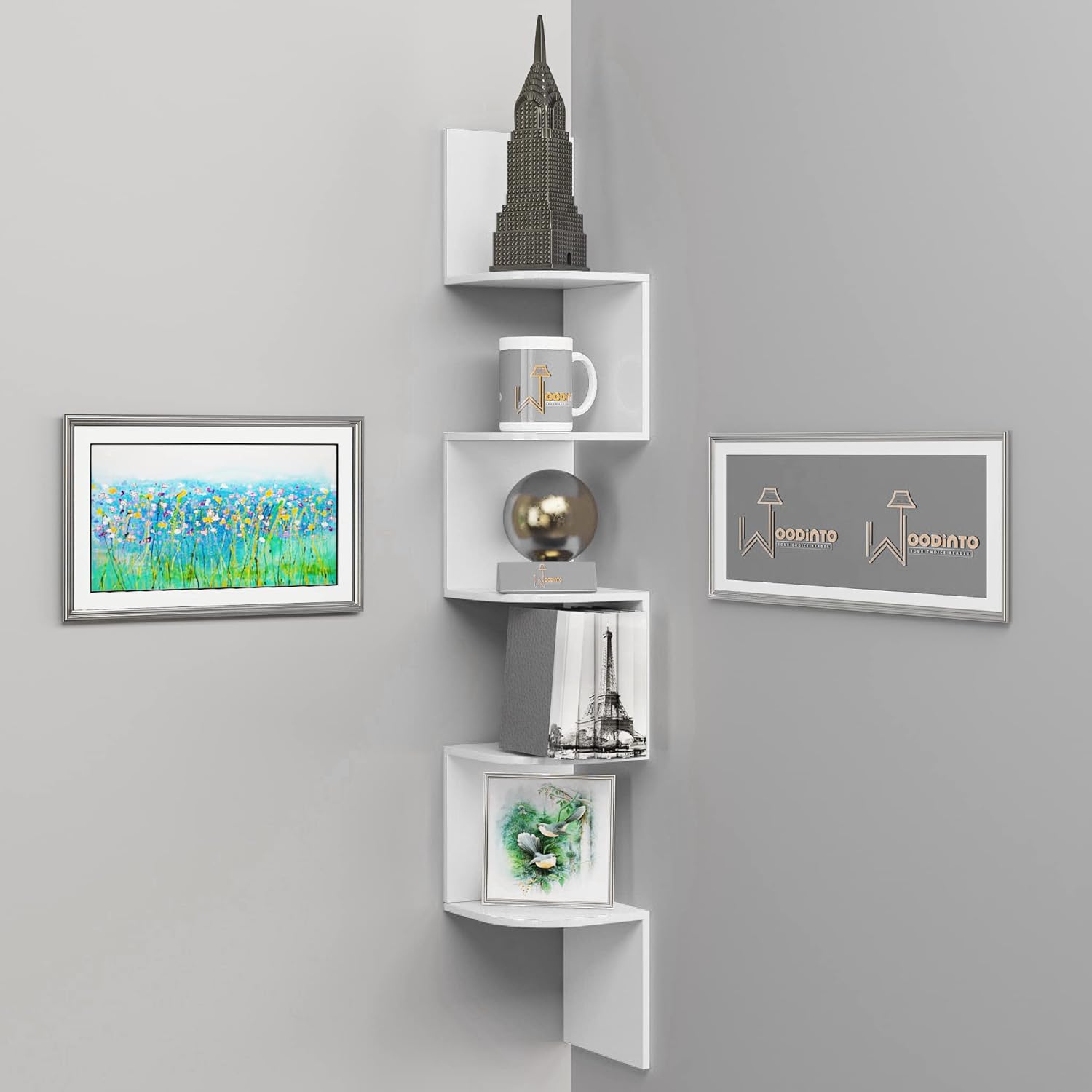 WooDinto Zigzag Corner Wall Mount Shelf Unit/Racks and Shelves Book