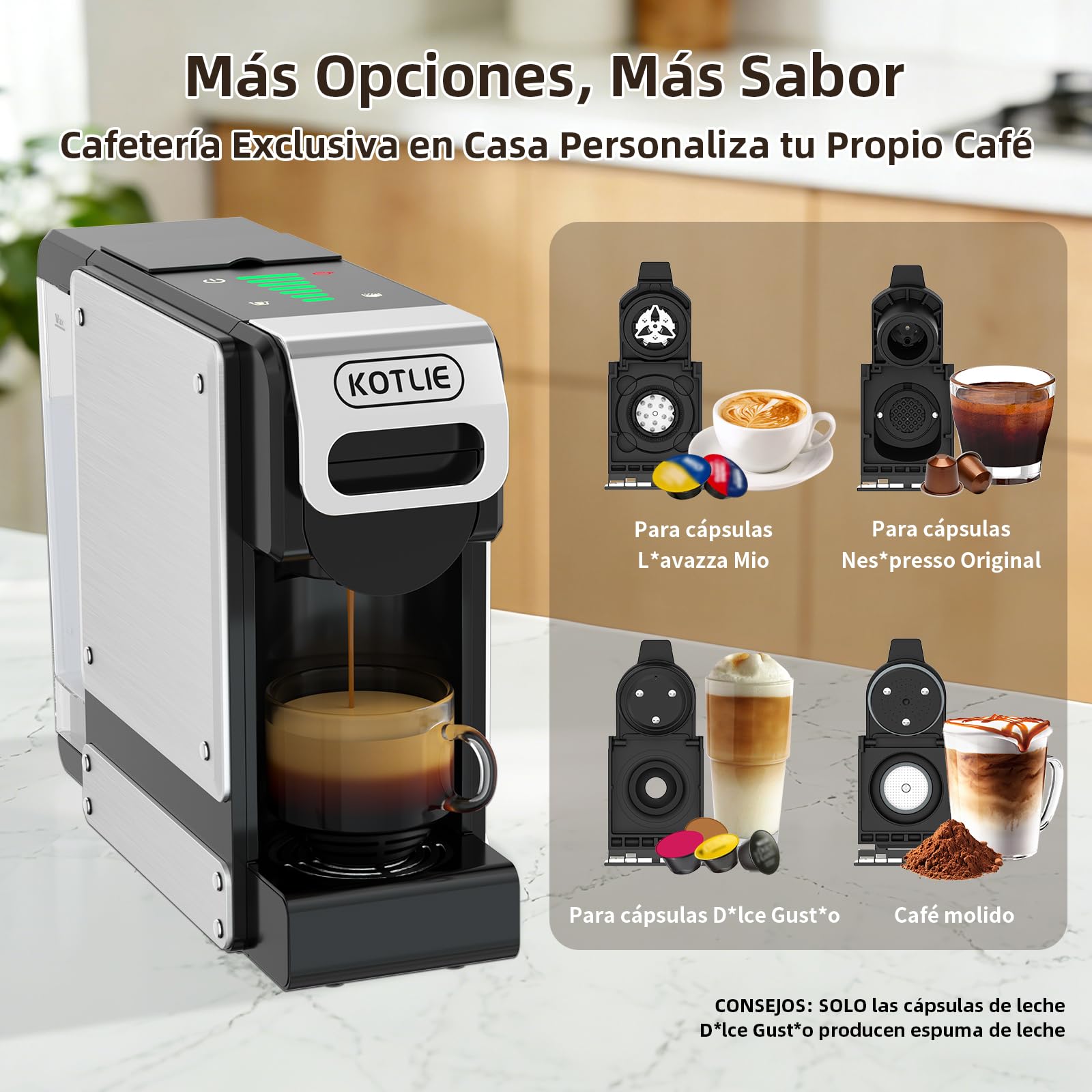 4 en 1 Máquina de Café en Cápsulas 19BAR para Lavazza MIO/Nespresso Original/Dolce Gusto cápsulas y Café Molido, Máquinas Automáticas de Café Espresso en Cápsulas Pequeñas, 1L, 1450 W