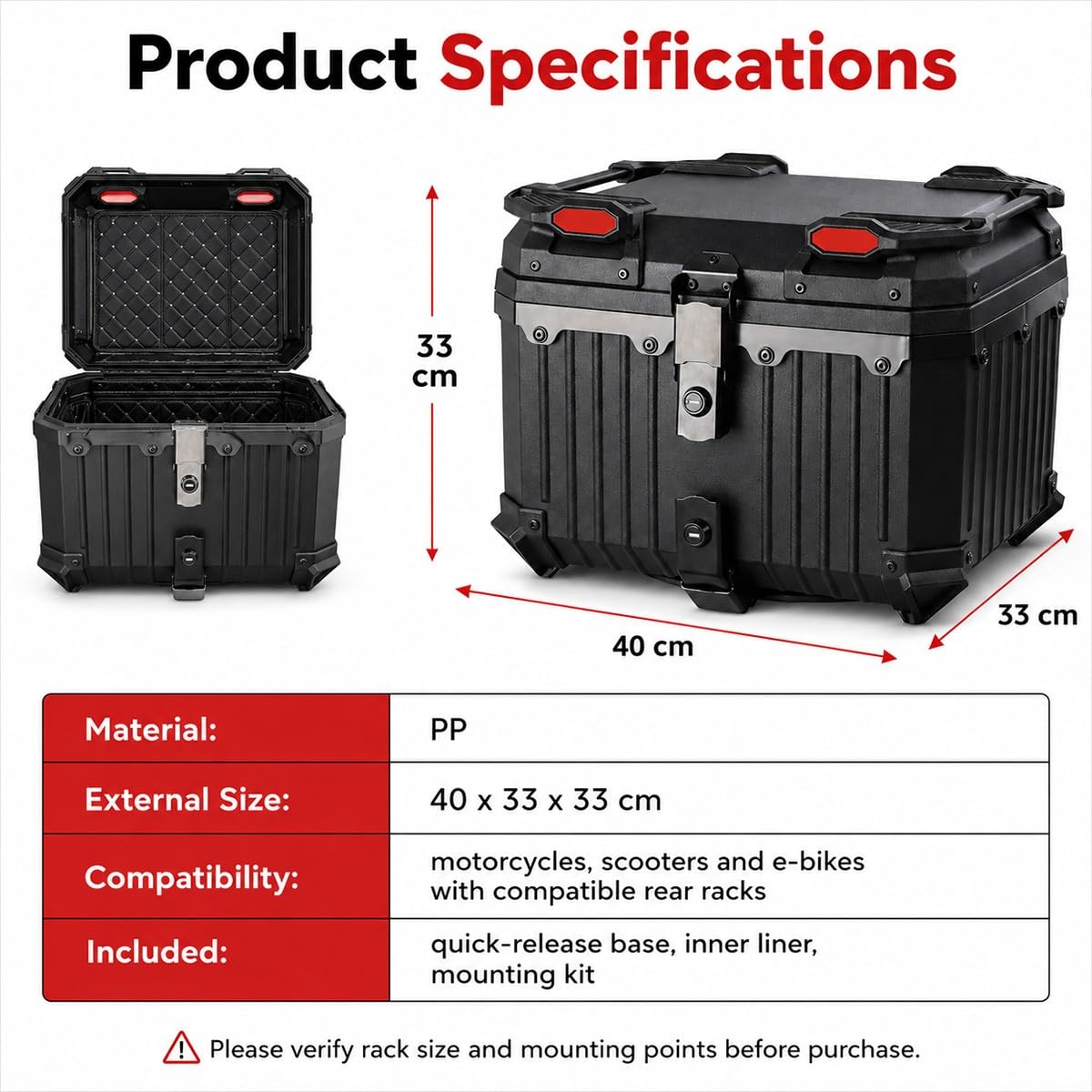 Bauletto Moto 45L 40x33x33cm Nero Opaco Baule Posteriore con Doppia Serratura Piastra a Sgancio Rapido Rivestimento Imbottito Valigia Universale per Scooter E Bike Pendolari Viaggi