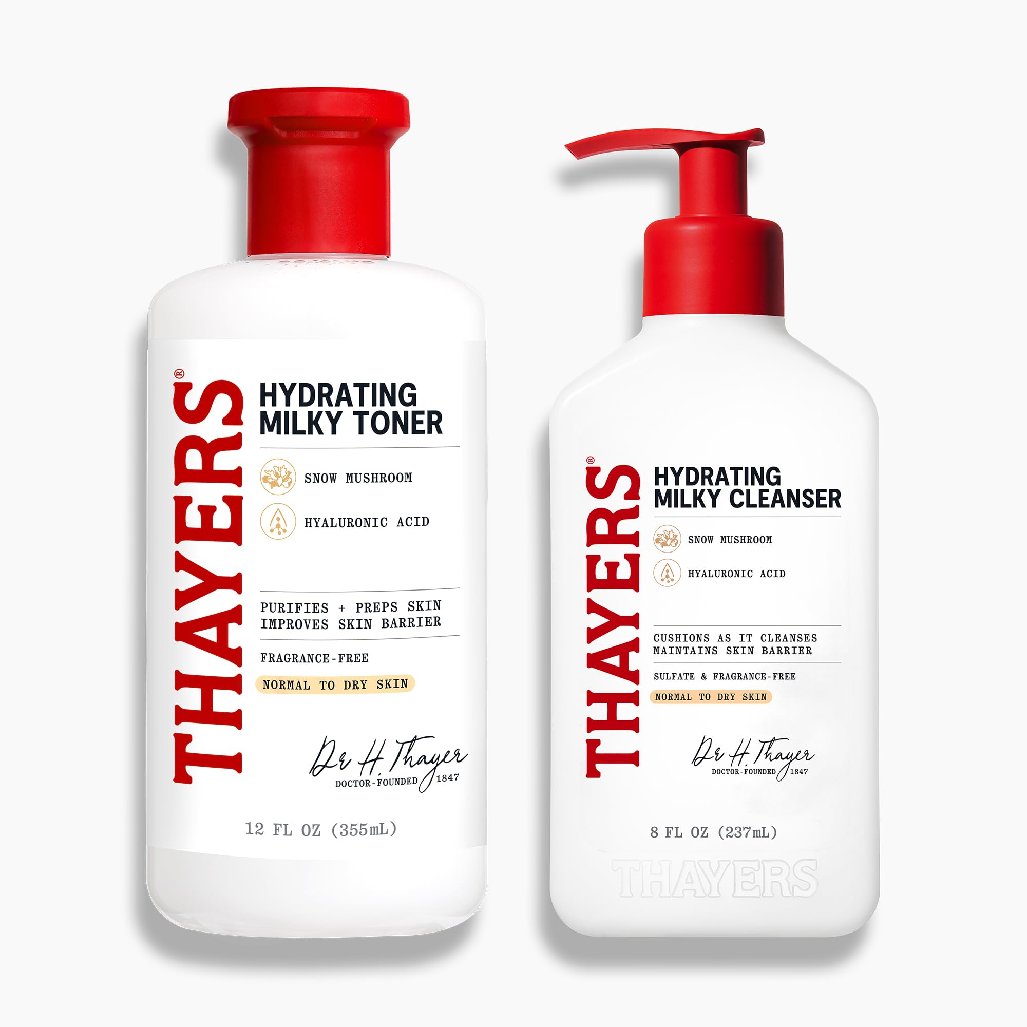 Milky Face Cleanser 8 FL Oz + Thayers Milky Toner 12 FL Oz with Snow Mushroom and Hyaluronic Acid, Dermatologist Recommended Hydrating Skincare for Dry and Sensitive Skin Bundle