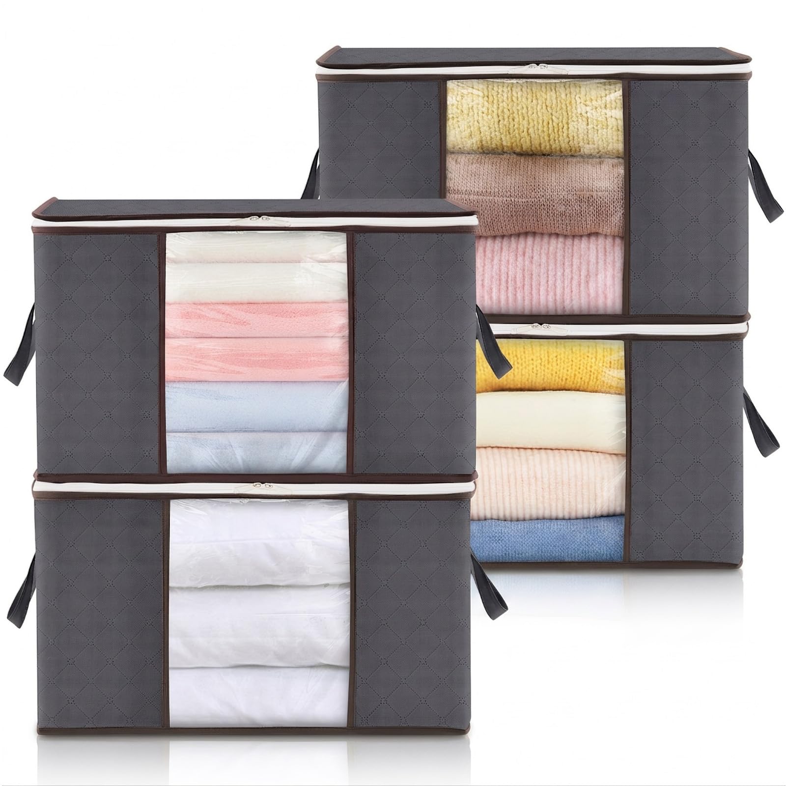 Lifewit 120L Clothes Storage Bags Large Storage Box With Lid Packing Boxes for Moving House With Reinforced Handle Thick Fabric Clear Window for Clothes Duvet Blankets Bedding, 4 Pack, Grey