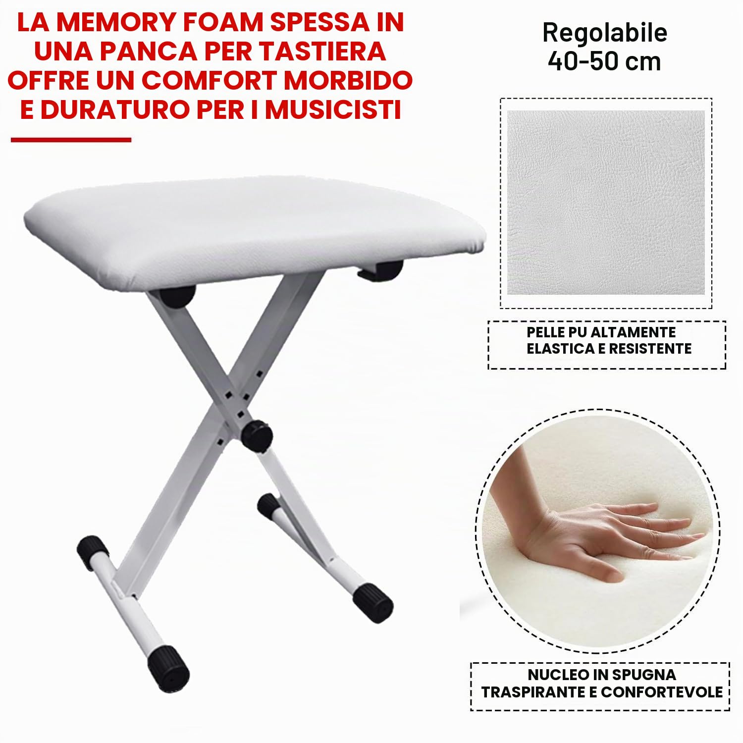 Supporto Tastiera e Sgabello,X-Frame Pieghevole Keyboard Stand Set Di Sgabelli,Supporto Regolabile In 5 Altezze & Panchetta Imbottita Regolabile In 3 Altezze,Doppio Tubo,Robusto,Per Pianoforte(Bianco)