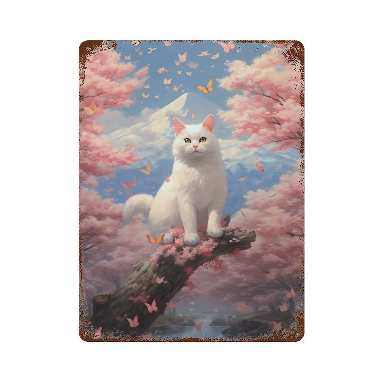 Cute Cat Fuji Mount 15.7"x11.8" Rustic Tin Plaque, Farmhouse Wall Decor for Basement, Hobby Room And Garage Decor