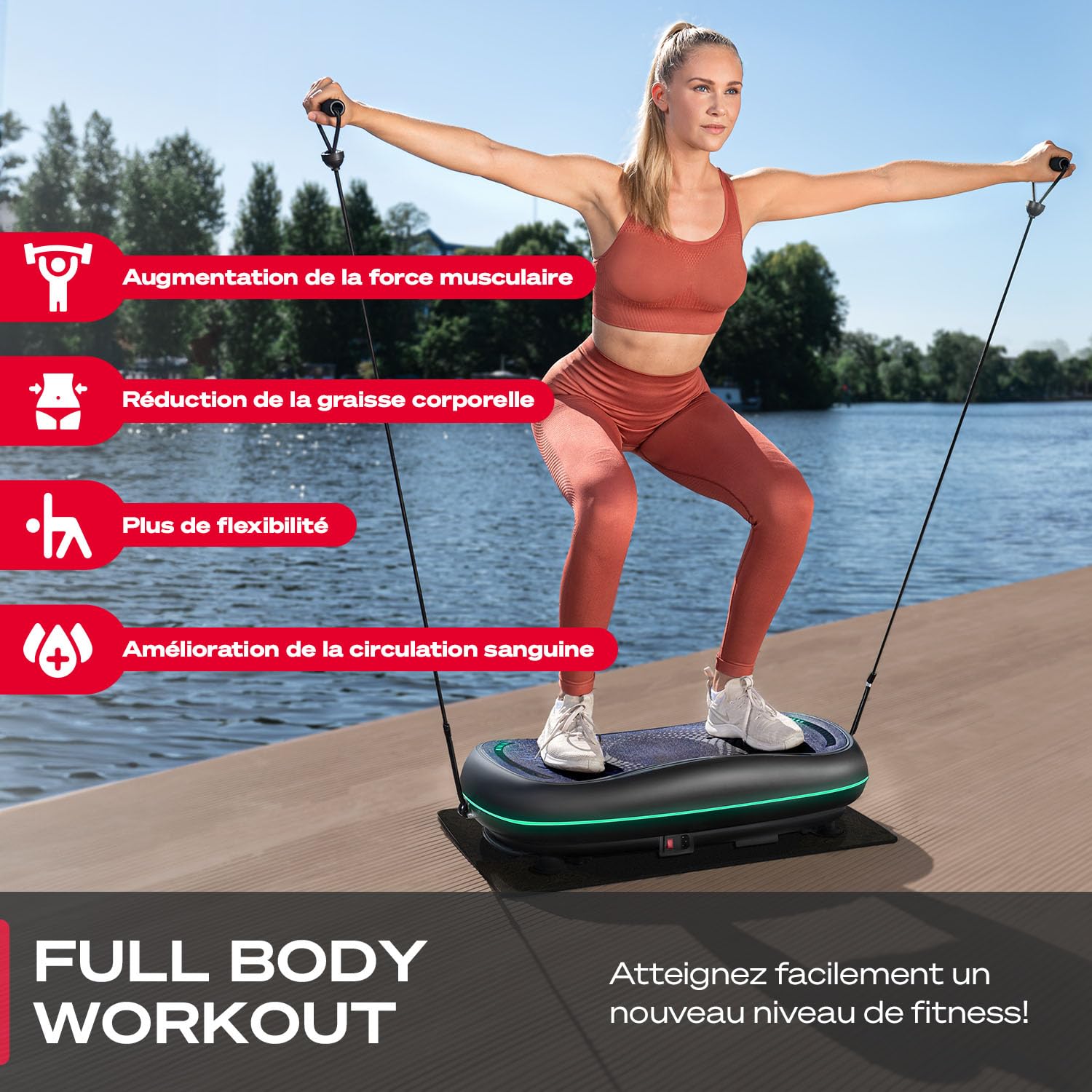 SPORTSTECH VP500 - Plateforme Vibrante pour Fitness à la Maison, Inclut Plaque Vibrante, Power Ropes, Poignées - Haut-Parleurs Intégrés pour Musique, Technologie Oscillante 4D
