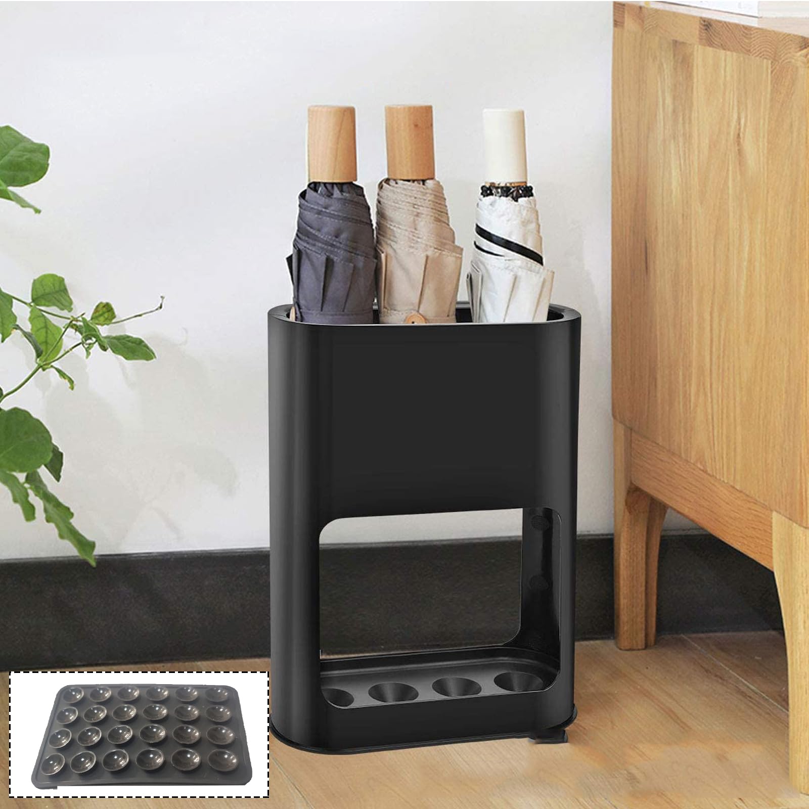Portaombrelli Plastica, Porta-ombrelli Nero con Vaschetta Raccogli Gocce Rimovibile e Ventose in Silicone Antiribaltamento Portaombrelli Piccolo per Ombrelli Pieghevoli per Interni, Casa e Ufficio