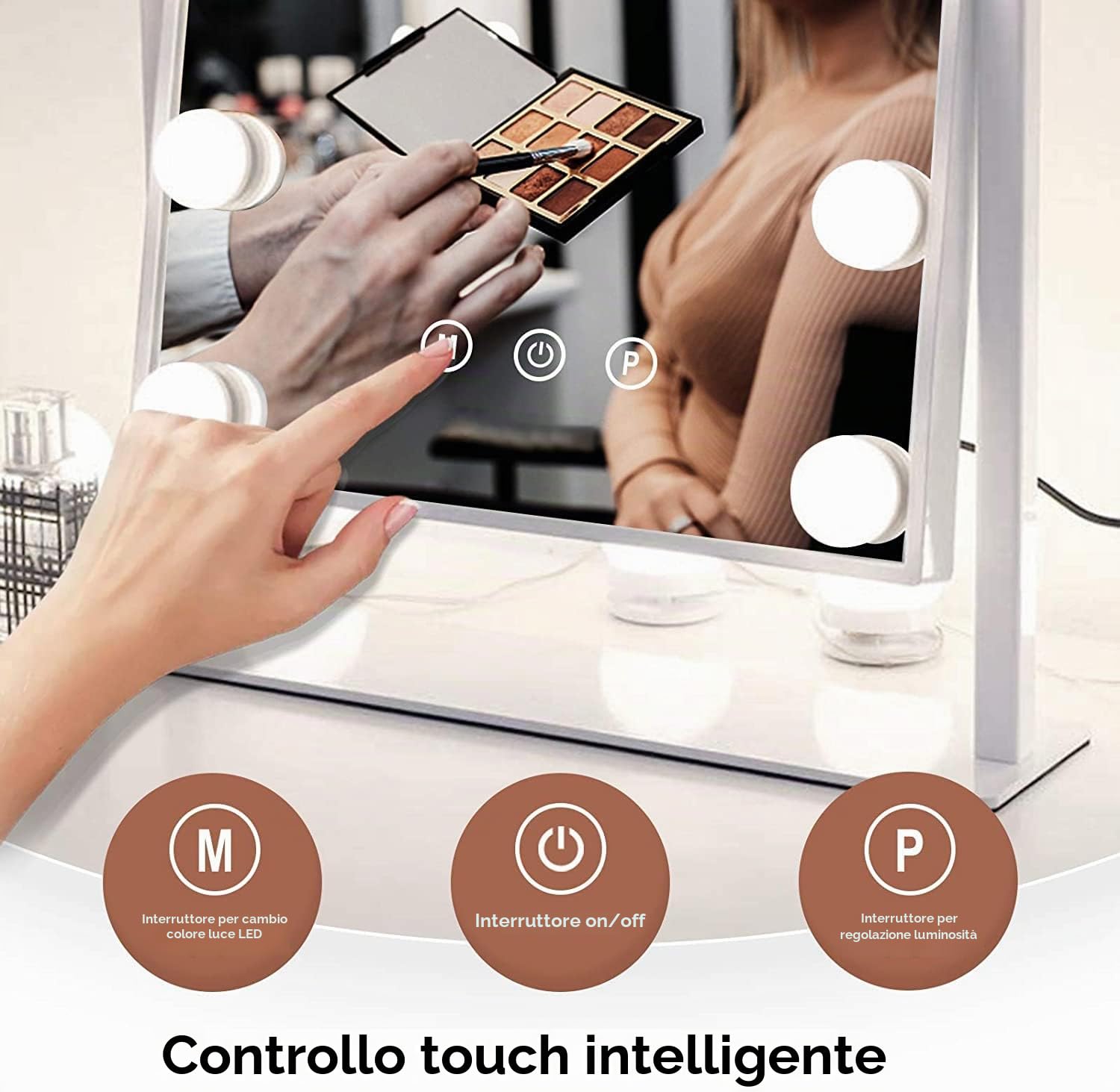 TUREWELL Hollywood - Specchio da trucco con luci, grande specchio illuminato con luce a 3 colori e 12 lampadine a LED dimmerabili, schermo touch intelligente e rotazione di 360 gradi