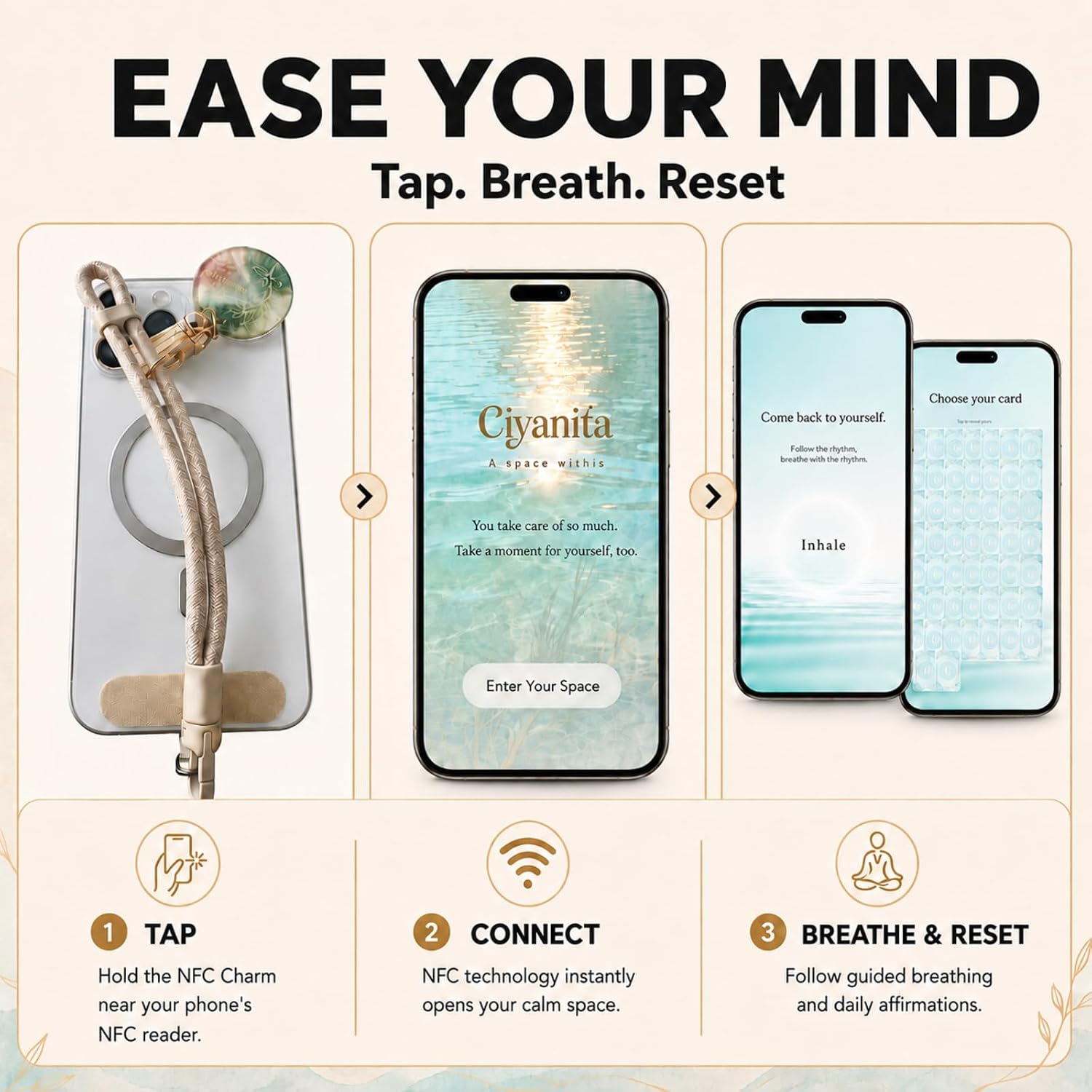 Cell Phone Wrist Strap with NFC Mindfulness Charm - 52 Digital Affirmation Cards & Guided Breathing, Anti-Theft Phone Lanyard with Tether Tab for iPhone & Android, Self Care Gifts For Women, Camel