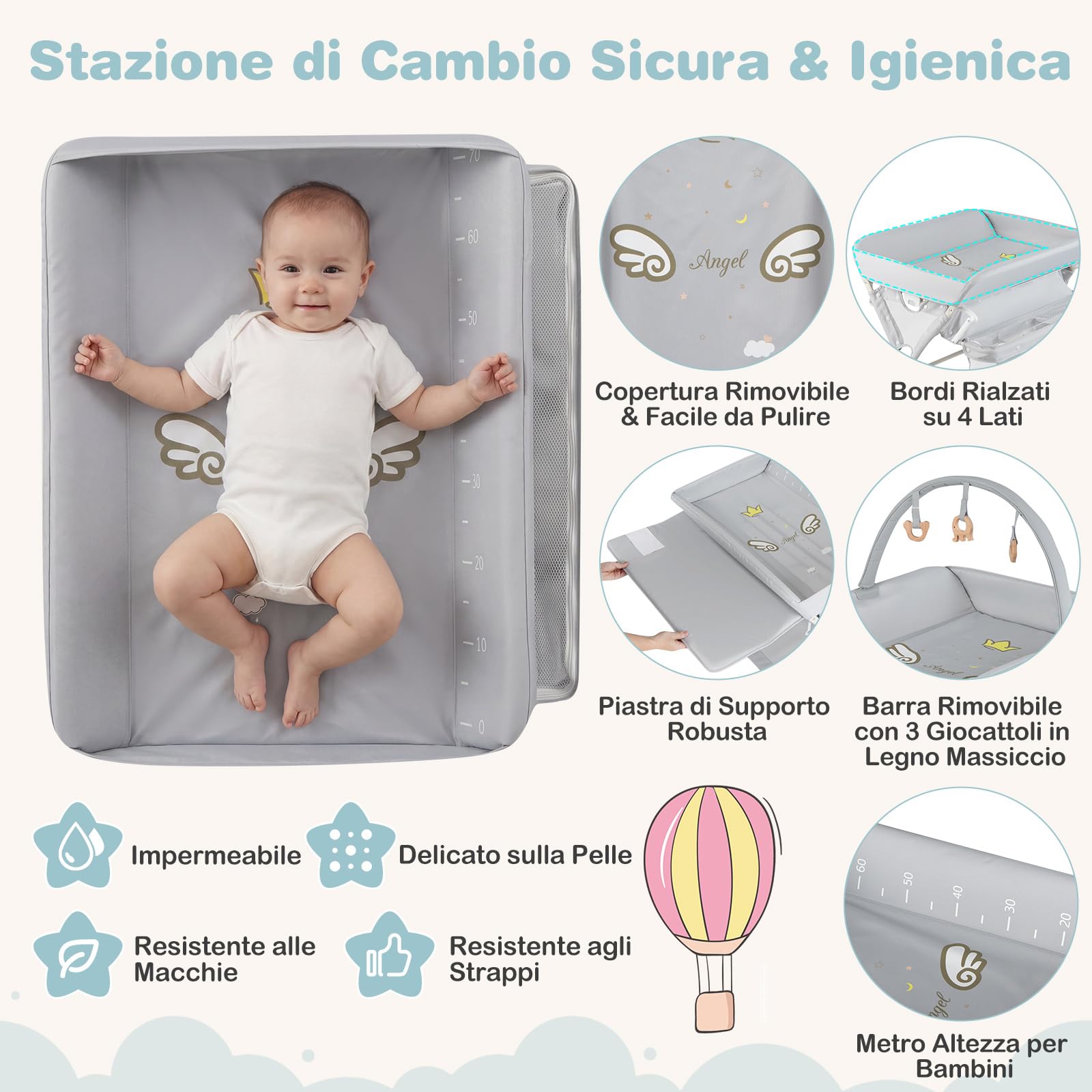 COSTWAY Fasciatoio Pieghevole per Bambini, Fasciatoio Portatile con Ruote, Altezza Regolabile, Piattaforma Rimovibile, con Barra Giocattoli, Stendino, Misuratore, Cestini, Portata 25 kg