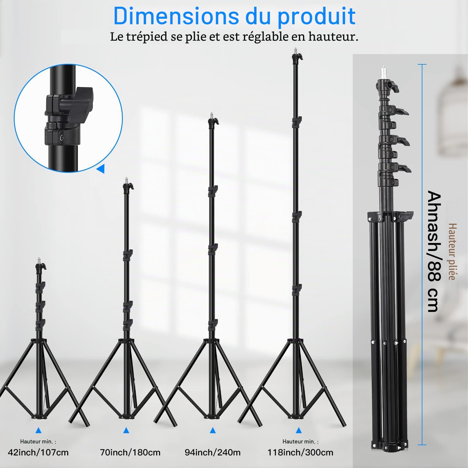 Soonpho 300cm Spring Buffer Light Stand,Support de Flash sur trépied en Acier Inoxydable avec étui et Adaptateur 1/4, 3/8 Pouce,pour Enregistrement vidéo en Studio,Softbox