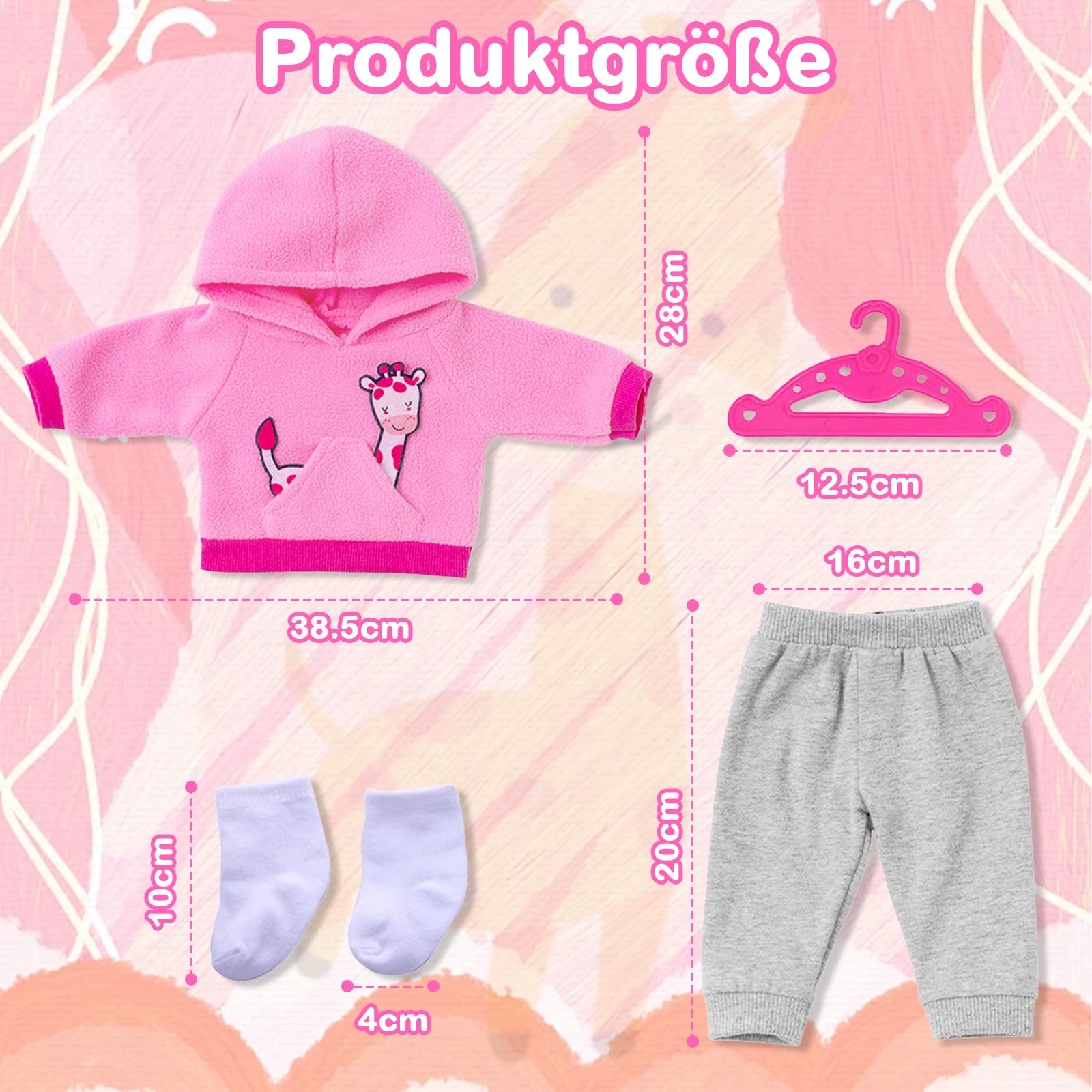 Baby Doll Clothes for 14-18 Inch Doll, Girls Boy Dolls Outfits Giraffe Hoodie + Grey Trousers + Socks + Hanger - Image 2