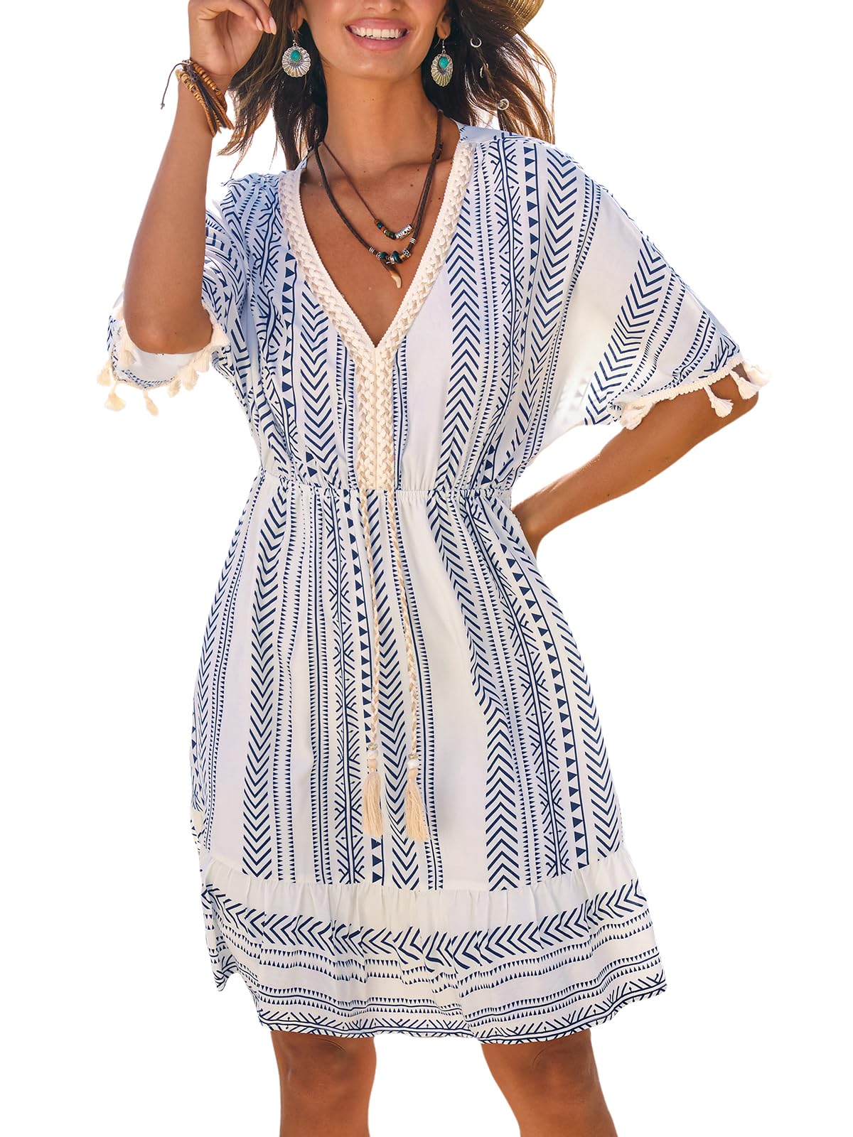 CUPSHE Damen Sommerkleid Quasten Paisley Strandkleid Boho V-Ausschnitt Kurzarm Freizeitkleider Urlaub Strand Mini Dress
