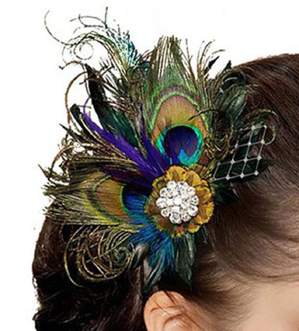 20s Peacock Fascinator Flapper Feather Hair Clip Gatsby Headpiece for Women
