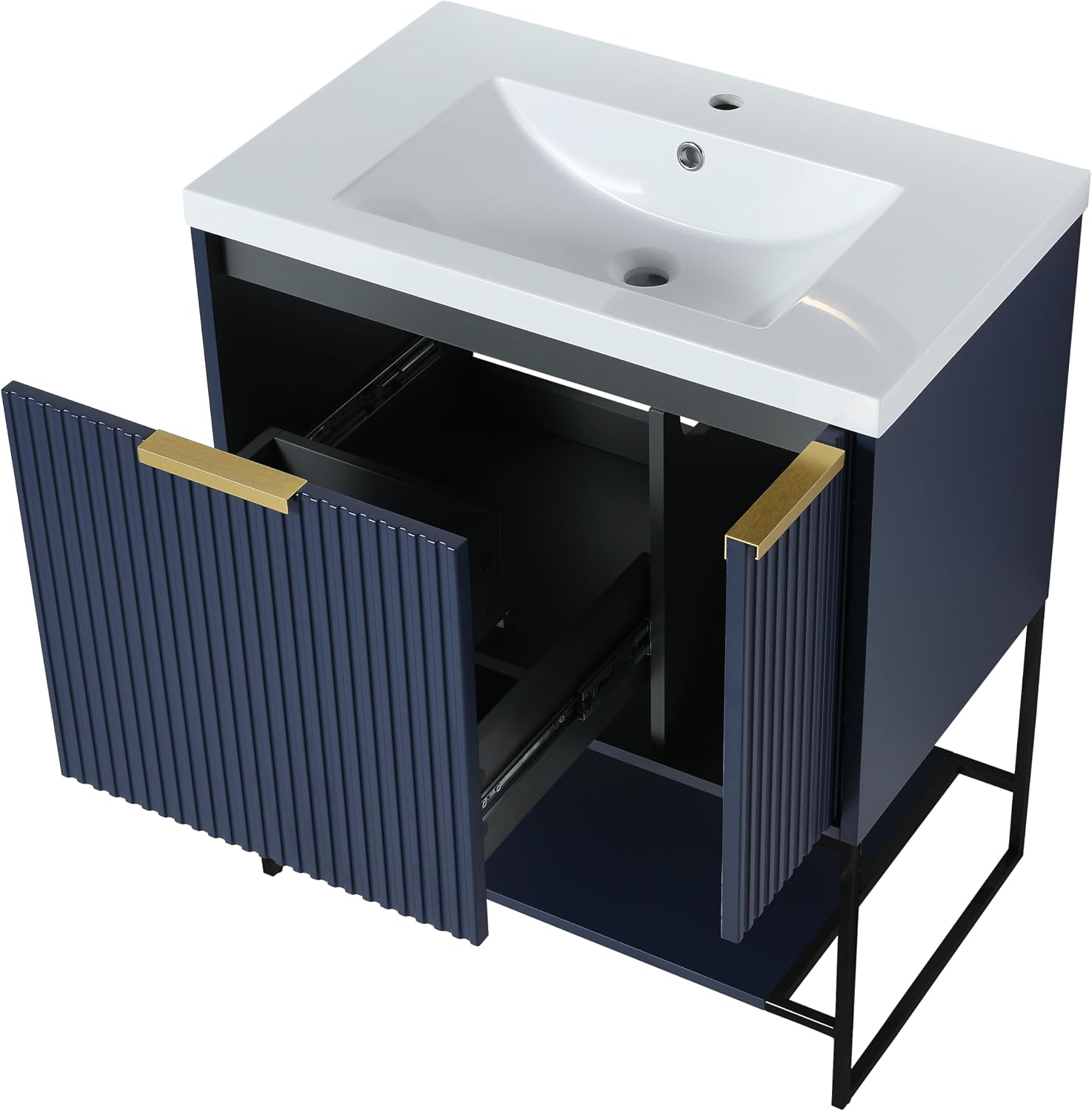 Malwee 30 Inch Navy Blue Freestanding Bathroom Vanity, 30'' Floor Standing Bathroom Vanity, Modern Vanity with 1 Door, 1 Drawer and White Resin Basin Sink Top (011-30)