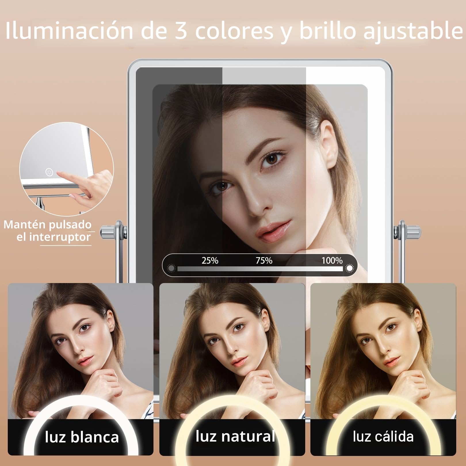 Famihomii 5000mAh Espejo de Maquillaje Recargable con iluminación LED, Espejo de Maquillaje con Aumento de 1/30x e Interruptor táctil, Espejo de Afeitar Regulable, Giratorio 360° (Cromo)