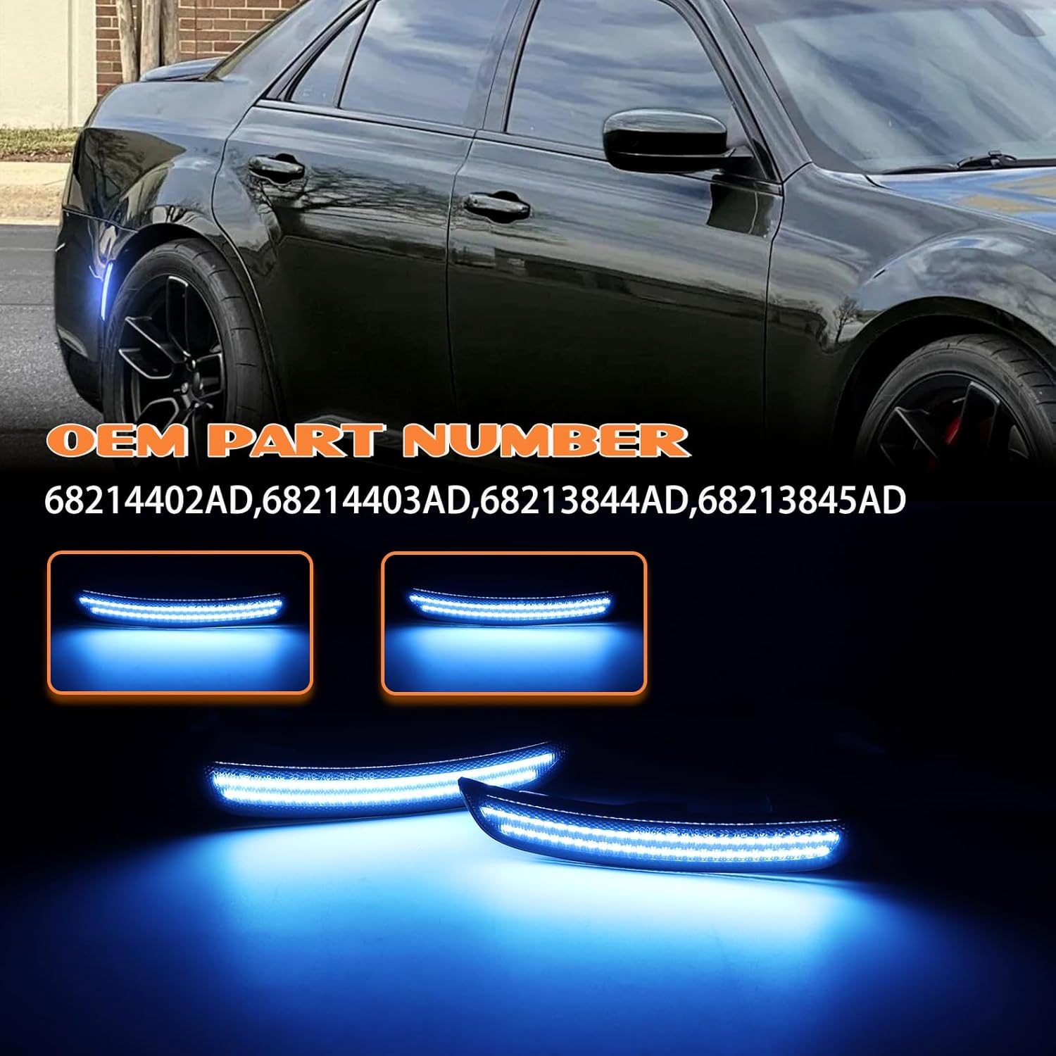 LED Side Marker Lights Kits for Chrysler 300 2015-2023, Front & Rear Smoked Lens, Side Bumper Marker Lights, Blue Sidemarker Lamp Accessories 4-Pack