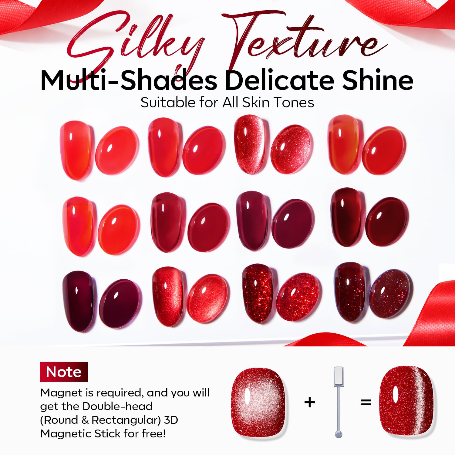 modelones 12Pcs 15ML Red Gel Nail Polish Set, Same Bottle Same Bottle Burgundy Cherry Dark Red Cat Eye Glitter Color Changing Hema Free Gel Polish Kit with Magnet Soak Off Manicure Nail Art DIY