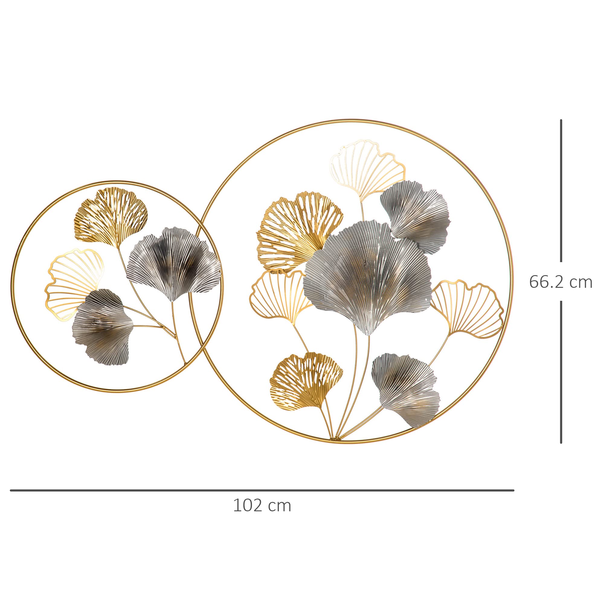 HOMCOM Decorazione Murale 3D in Metallo Dorata 102x66.2 cm Oro e Argento | Wall Art Orizzontale, Foglie di Ginkgo, Due Cornici Rotonde