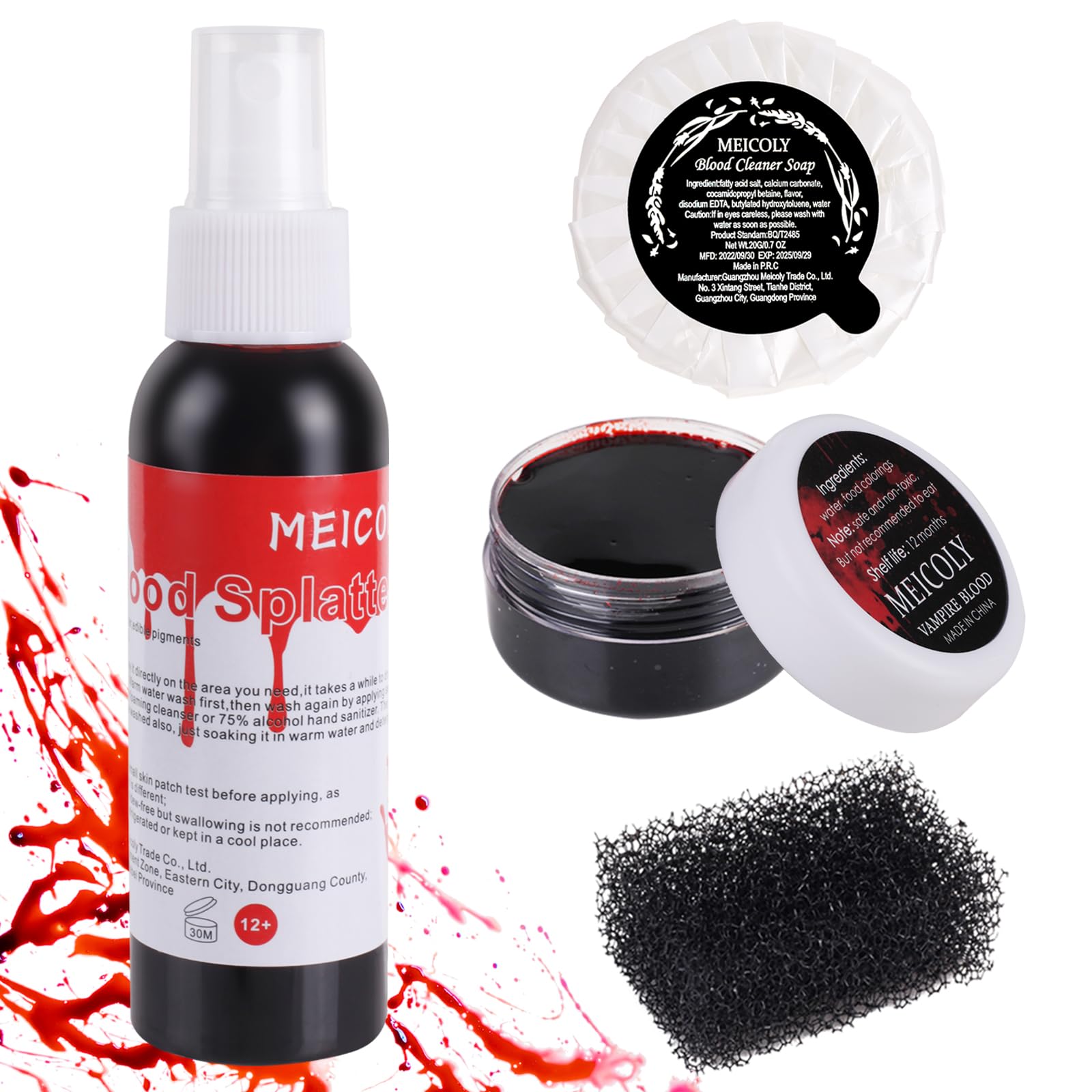 MEICOLY Halloween Fake Blood Kit,2.1oz Fake Blood Spray,1.06oz Coagulated Blood with Stipple Sponge and 0.7oz Cleaning Soap,Blood for Clothes,Vampire,Monster,SFX Scary Clown,Special Effects Makeup