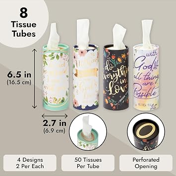 Zodaca 8-Pack Car Tissues Cylinder Boxes - Round Travel Wipes for Car Cup Holder (50 Tissues Per Container, Gold Foil Scripture Design)