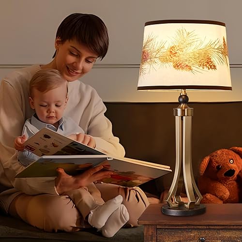 Miniatura 77 de Juego de 2 pantallas marrones, lámparas de mesa y pie de tela mediana, parte superior de 13 pulgadas x 11 pulgadas inferior x 10 pulgadas de alto