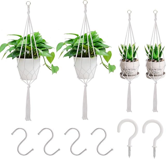 XINRUI Hanging Planters Baskets, 4 Pcs Cotton Rope Macrame Plant Hanger with 6 Hanging Hooks, Wall Hanging Flower Pot Holder for Indoor Outdoor Balcony Decoration - 90cm & 105cm