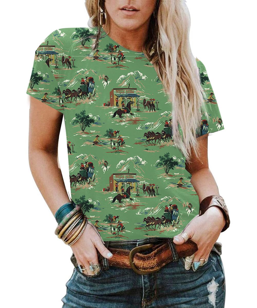 LUKYCILDWestern Shirts Women Cowgirl Shirt: Vintage Western Rodeo Tshirt Cactus Horse Graphic Tees Short Sleeve Tops