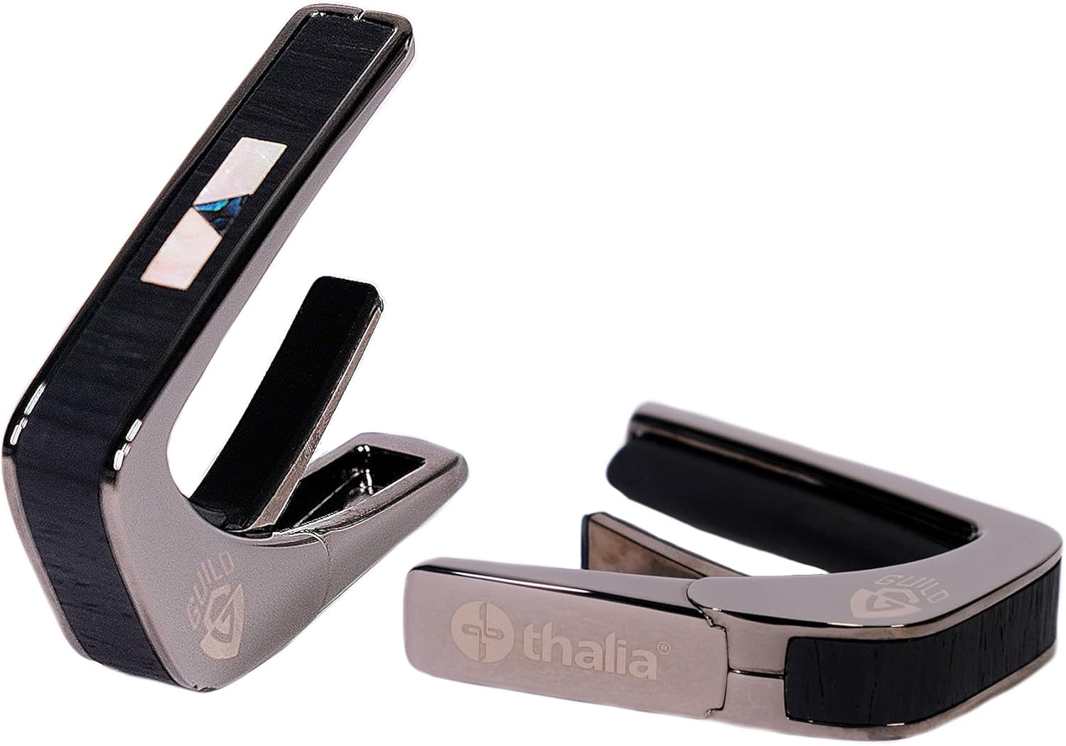Thalia Guitar Capo for Acoustic and Electric - Guild Officially Licensed with Guild Specific Human Touch Fret Pads - Premium Capo for Acoustic Guitar 6 and 12 String - Black Chrome - Ebony Inked