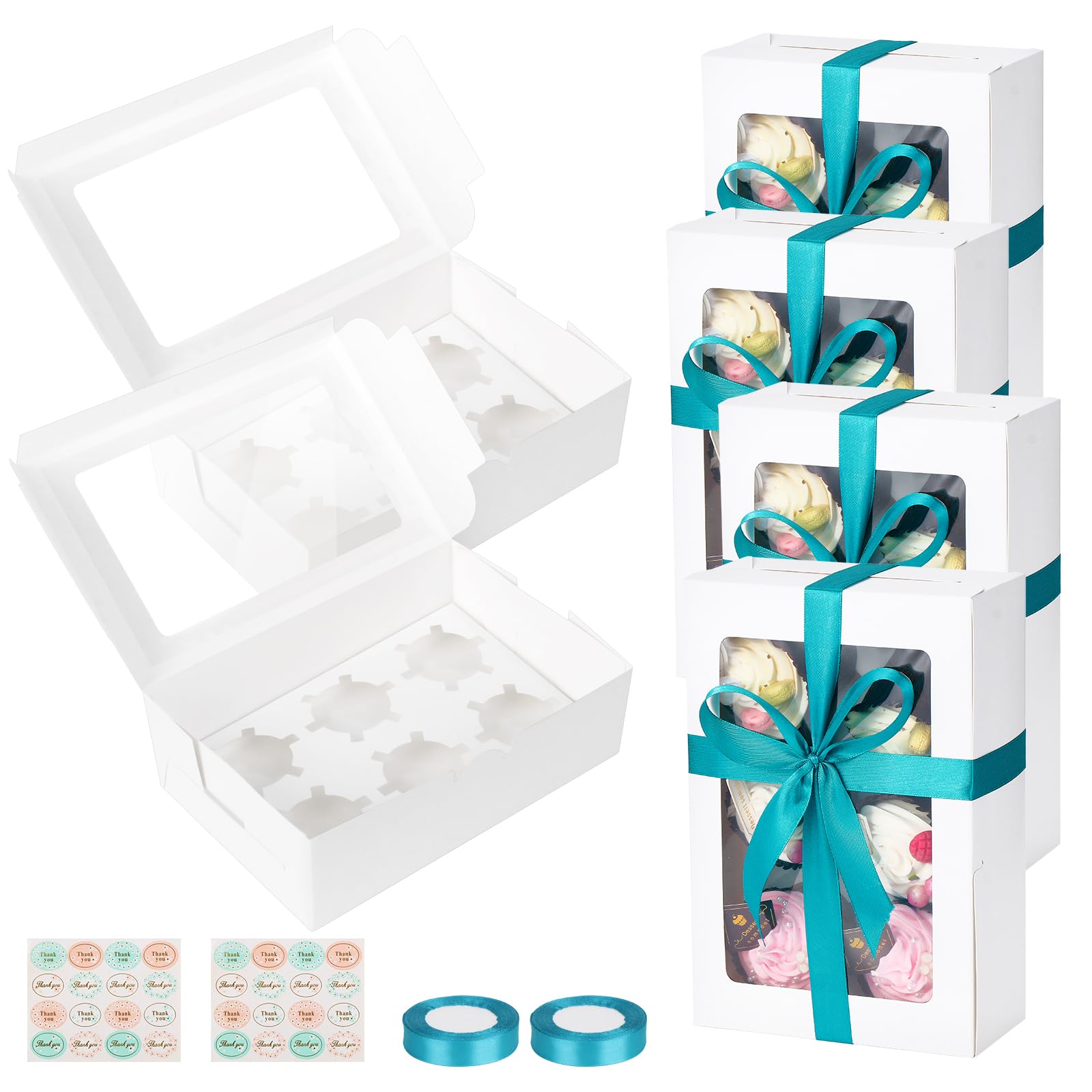 TsunNee 20PCS White Cupcake Boxes 6 Hole with Window, Reusable Cardboard Cake Boxes for Cupcakes Muffins Treats, Disposable Paper Bakery Boxes Gift Boxes for Home Baker Wedding Birthday Christmas