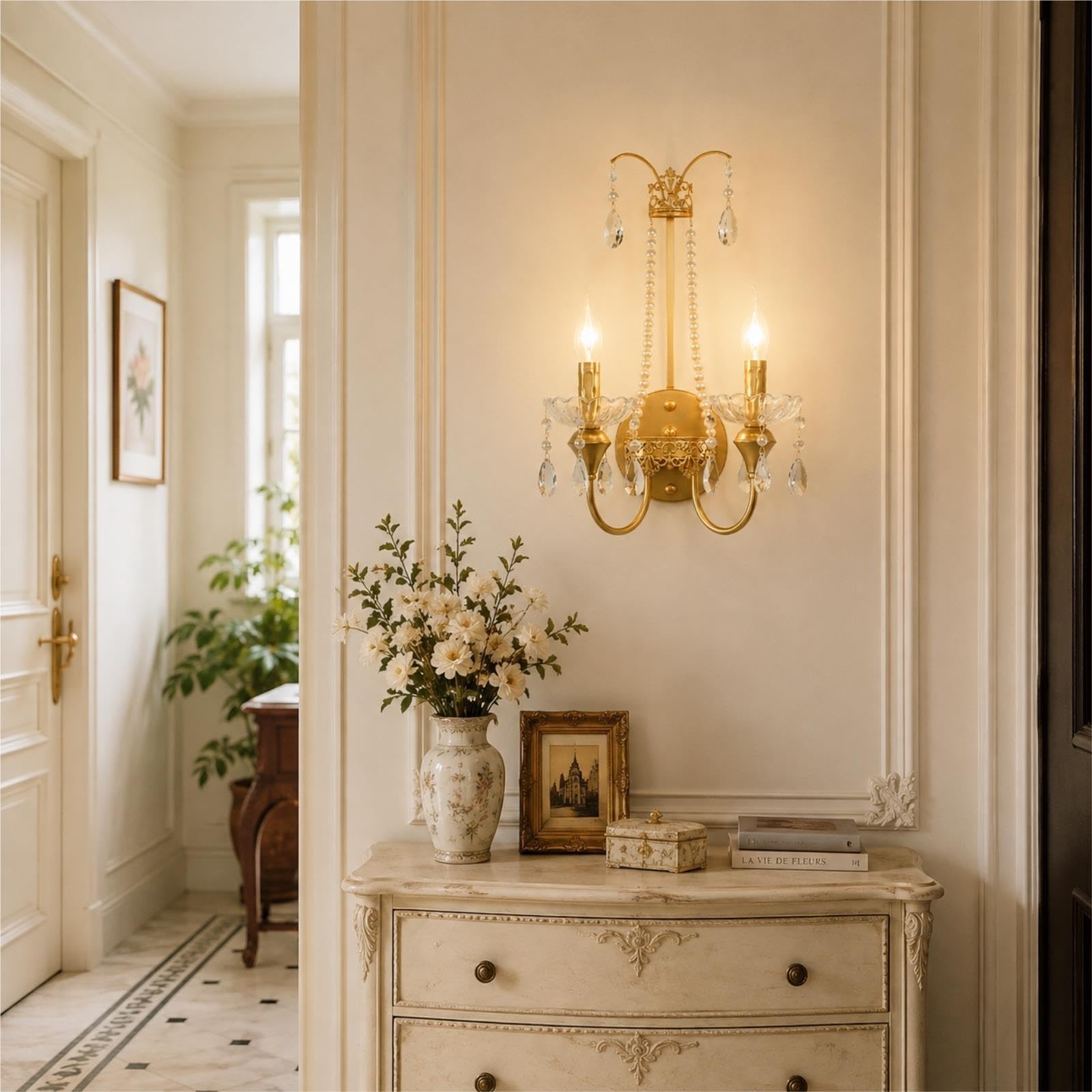 Lámpara De Pared Dos Luces Cristal Adorno Cadena Perlas Estilo Francés