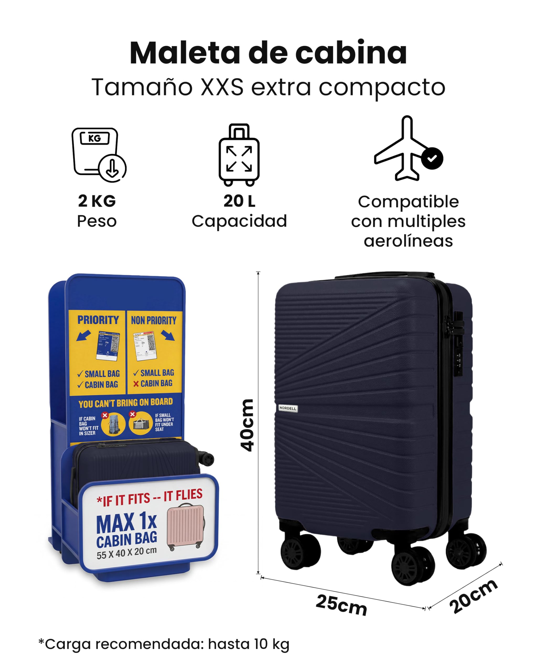 unycos - Maleta de Cabina Rígida de ABS【20L】 40×25×20 cm | Equipaje de Mano Compacto, 4 Ruedas 360° Extraíbles, Cerradura Integrada, Asa Telescópica y Compartimentos Organizadores (Azul Oscuro, Lite)