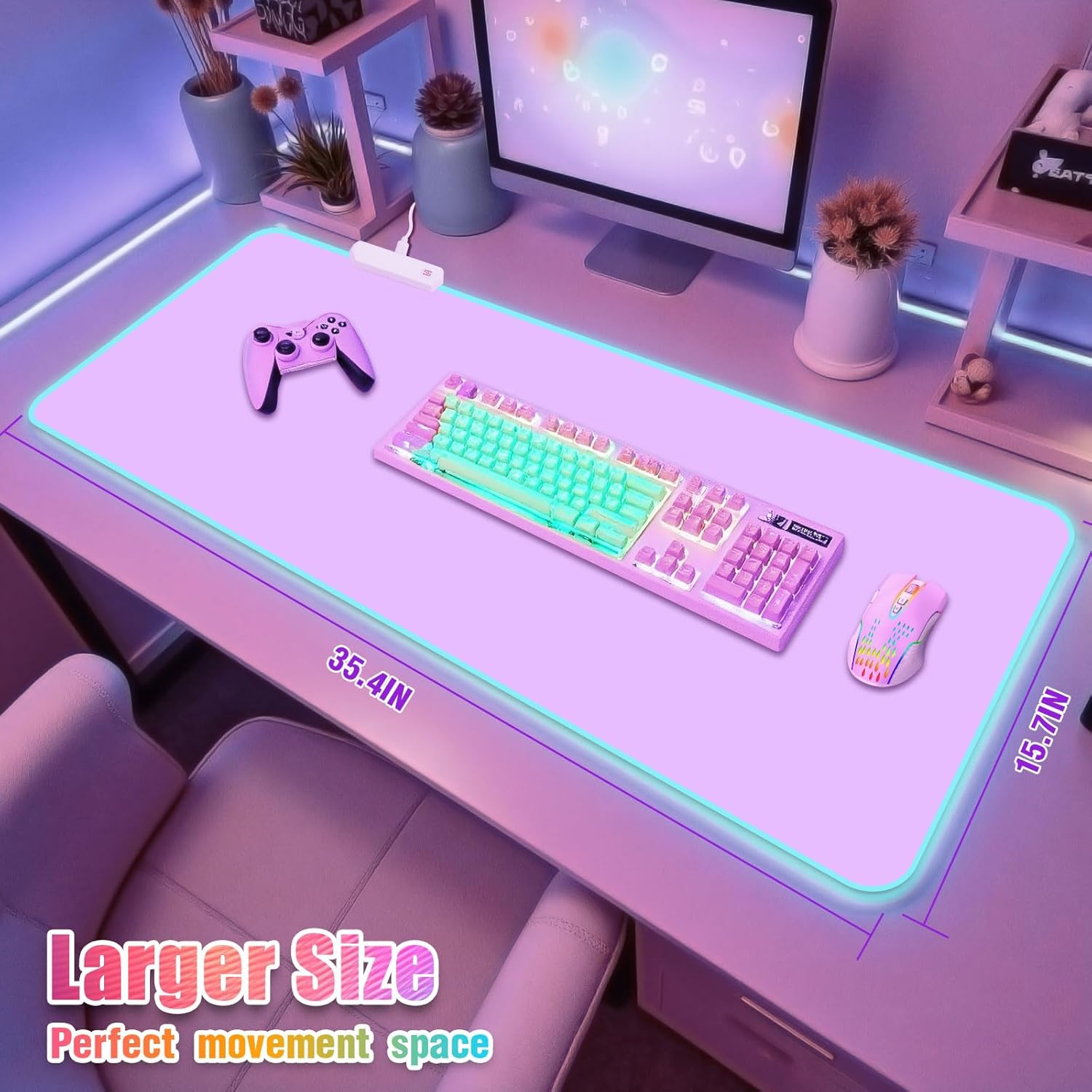 Purple RGB Gaming Mouse Pad I Large Mousepad with 14 Led Modes I Keyboard Pad Gaming Desk Mat I Non-Slip Rubber Base Big Mouse Mat for Gamer I 900x400x4mm Waterproof Mousepad for PC MacBook