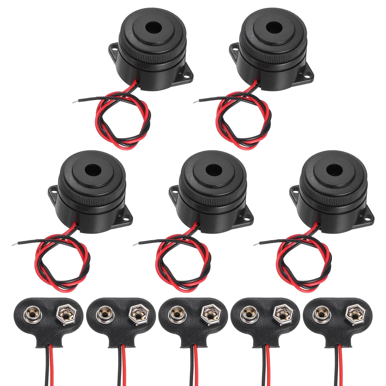 sourcing map 5Pcs DC3-24V 100dB 3500Hz Electronic Piezo Buzzer Alarm Sounder Active Continuous Beep Sound with 9V t Type Battery Connector for Motorcycle Golf Car t Vehicles Car Alarm, Black